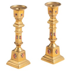 Early 20th Century Brass Candlesticks Decorated with Stones