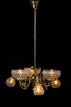 Early 20th Century Brass Chandelier with Etched Glass Shades