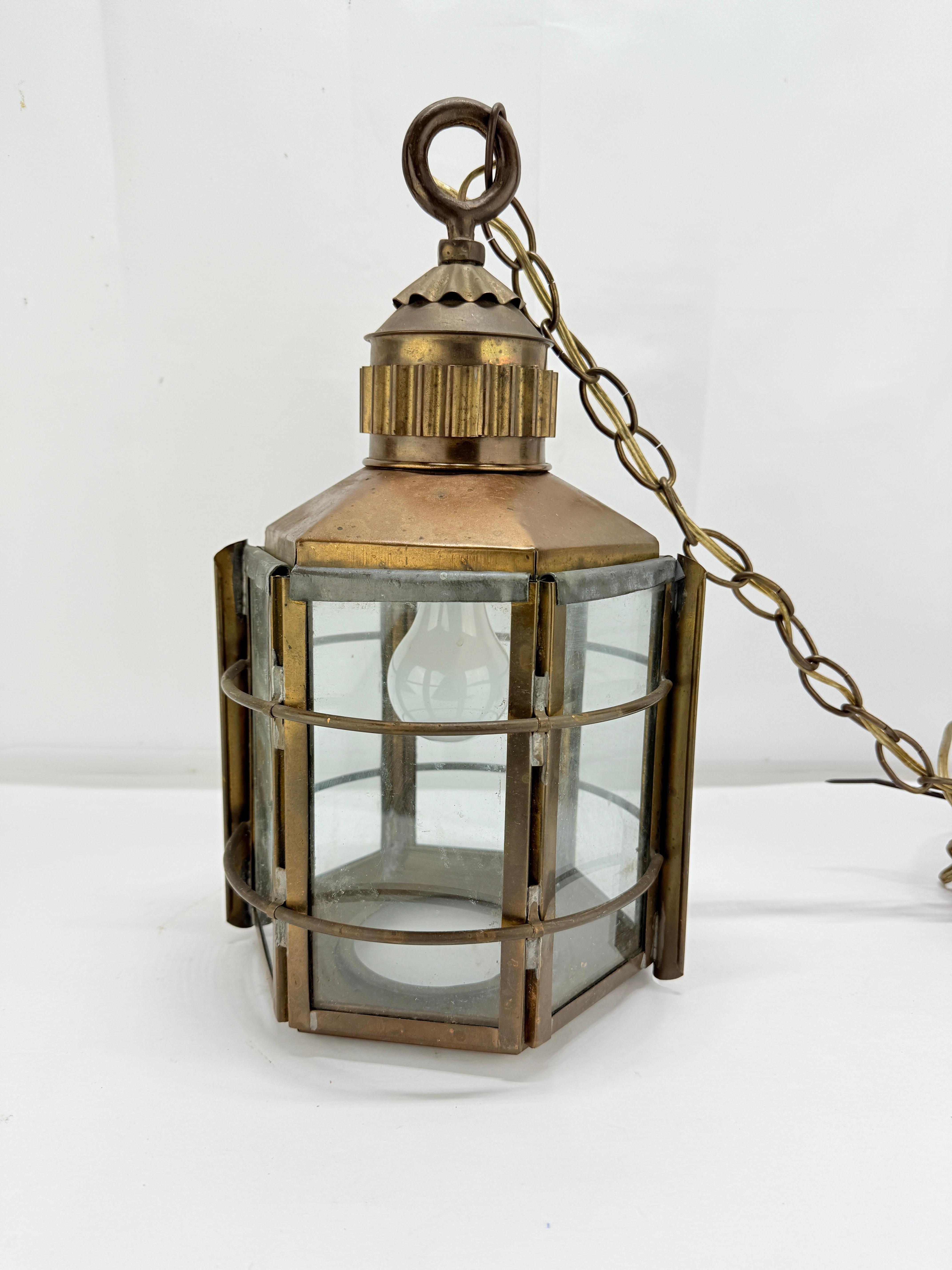 Industrial Early 20th Century Brass & Copper Maritime Nautical Pendant Lantern For Sale