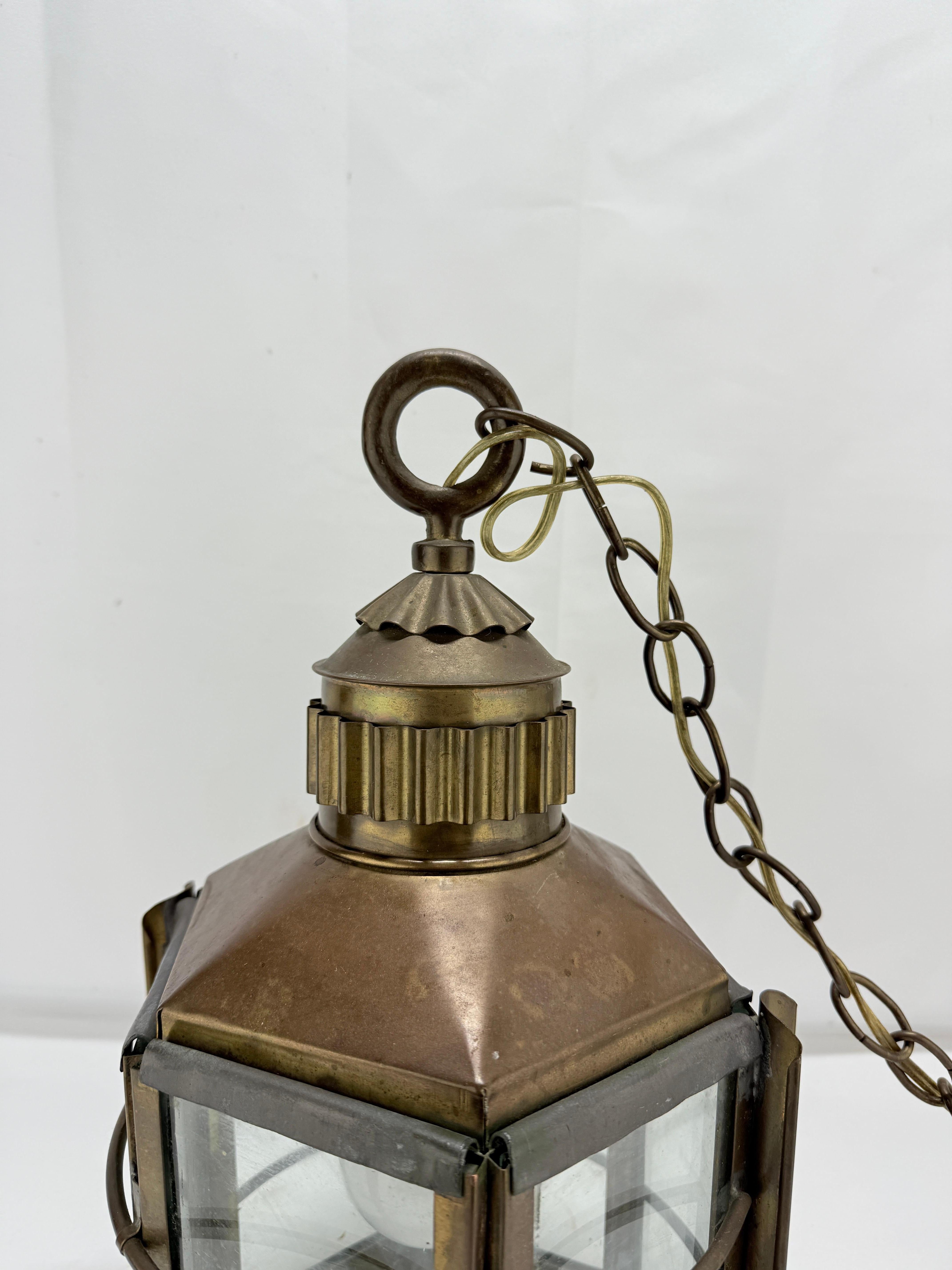 Early 20th Century Brass & Copper Maritime Nautical Pendant Lantern For Sale 1