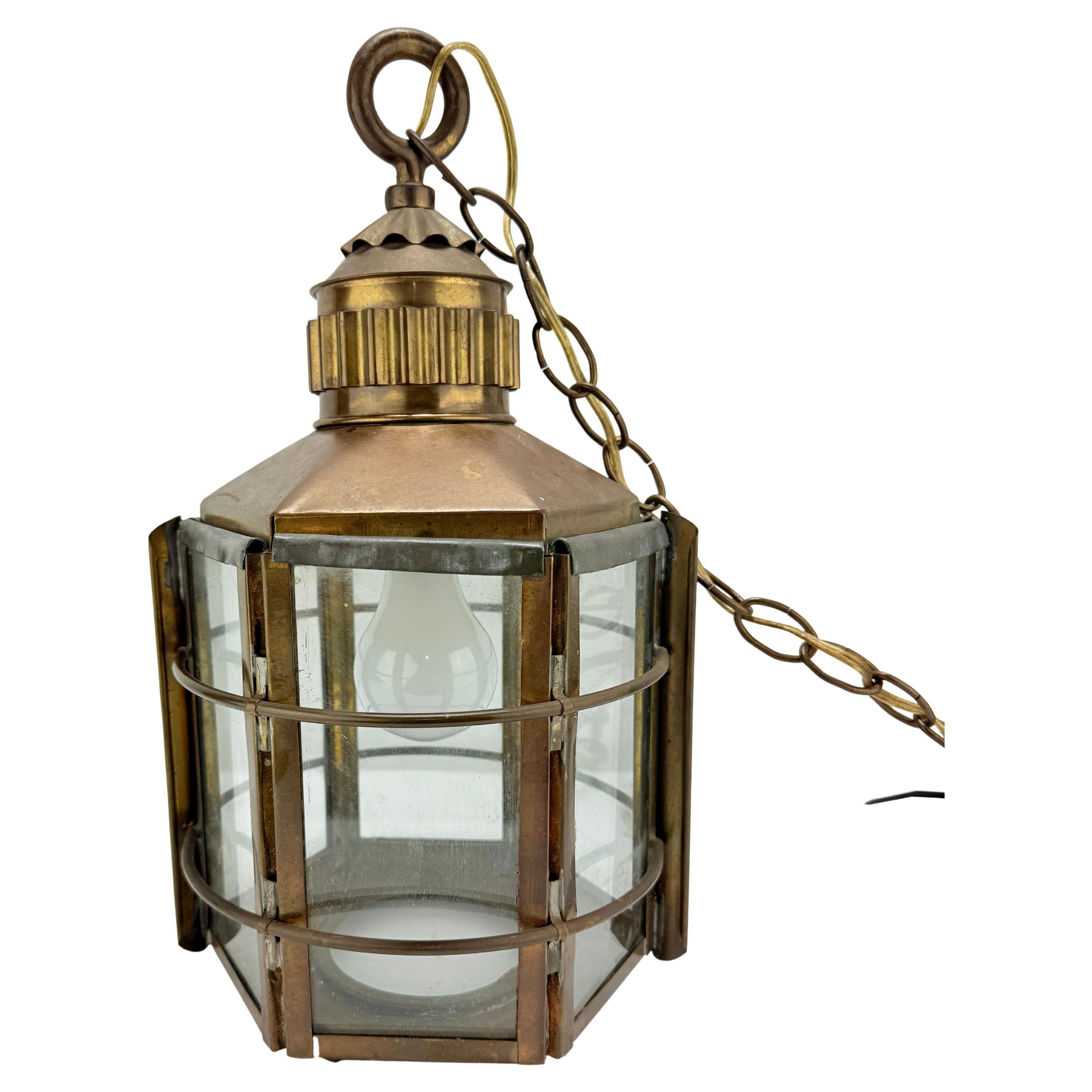 Early 20th Century Brass & Copper Maritime Nautical Pendant Lantern For Sale