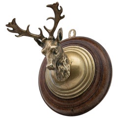 Early 20th Century Brass Deer Head Mounted on a Wooden Plaque