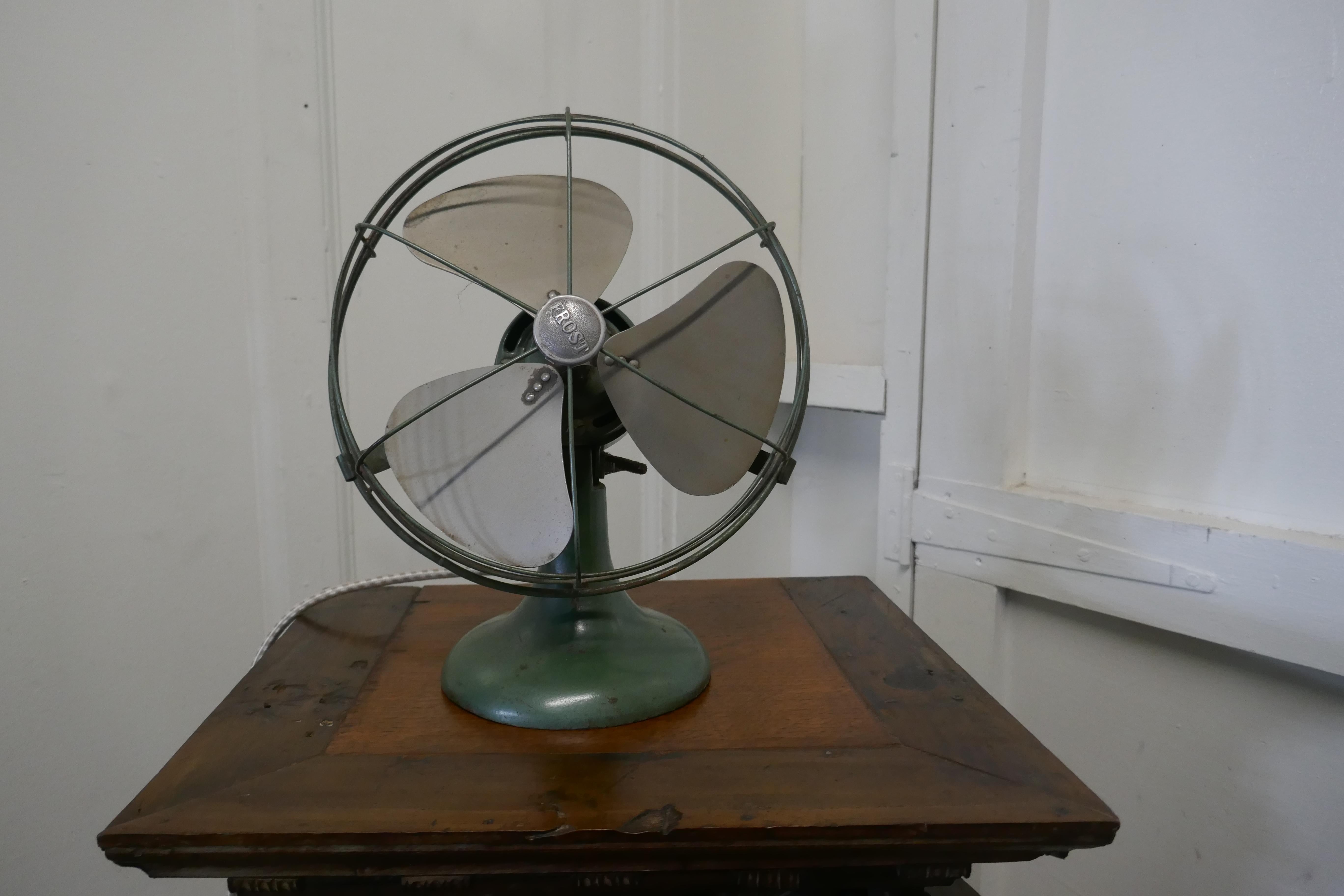 Early 20th century brass electric fan, by Frost & Co

A very stylish good looking piece, with aluminium blades and metal cage 

This piece looks to be in good condition, the motor responds immediately and it runs well when connected to the