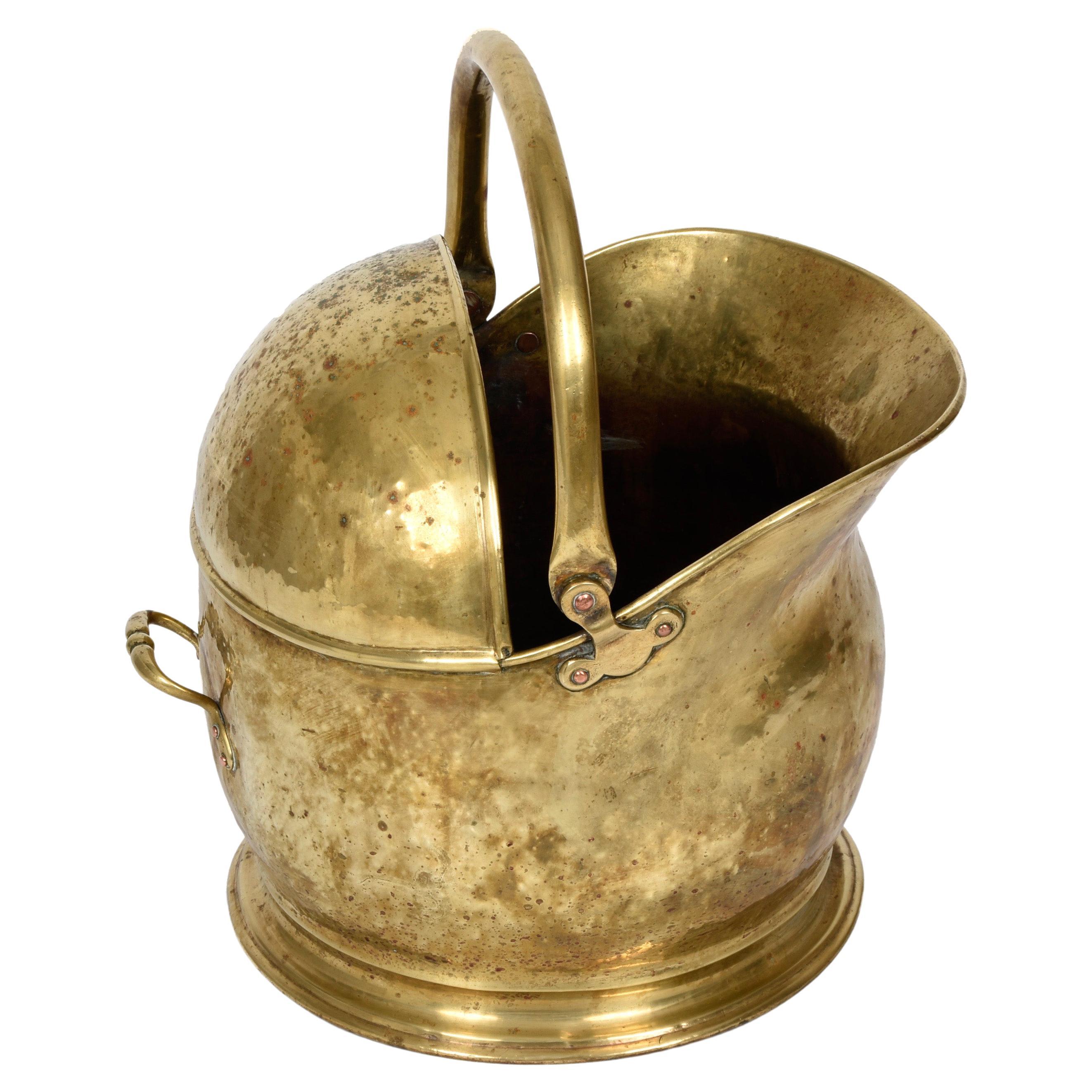 Helmet-shaped brass coal bucket from the early 1900s, Italy, 1930s
