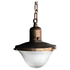 Antique Early 20th Century Brass Holophane Glass Ceiling Light