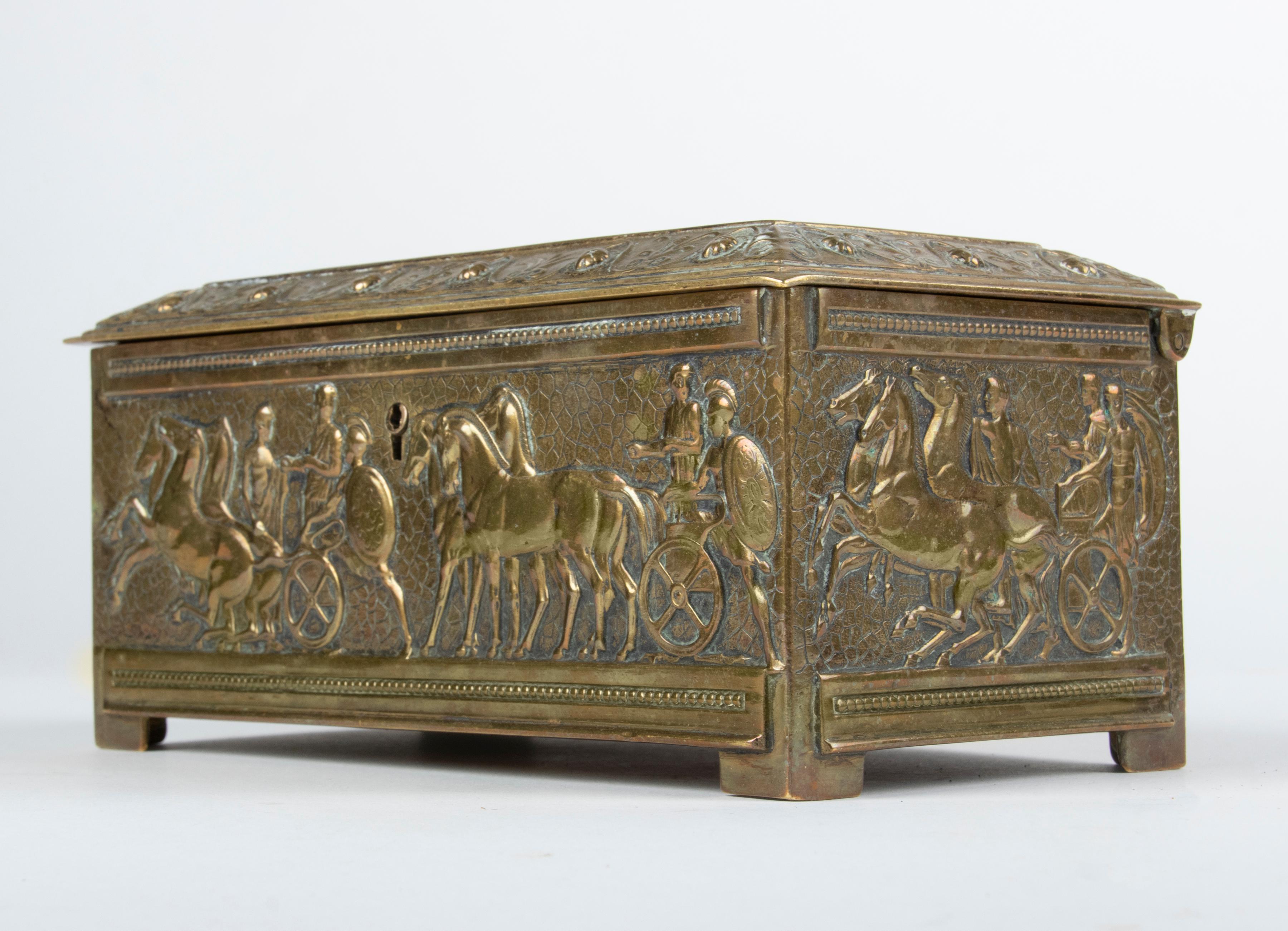 Early 20th Century Brass Jewelry Box with Roman Empire Scenes 9