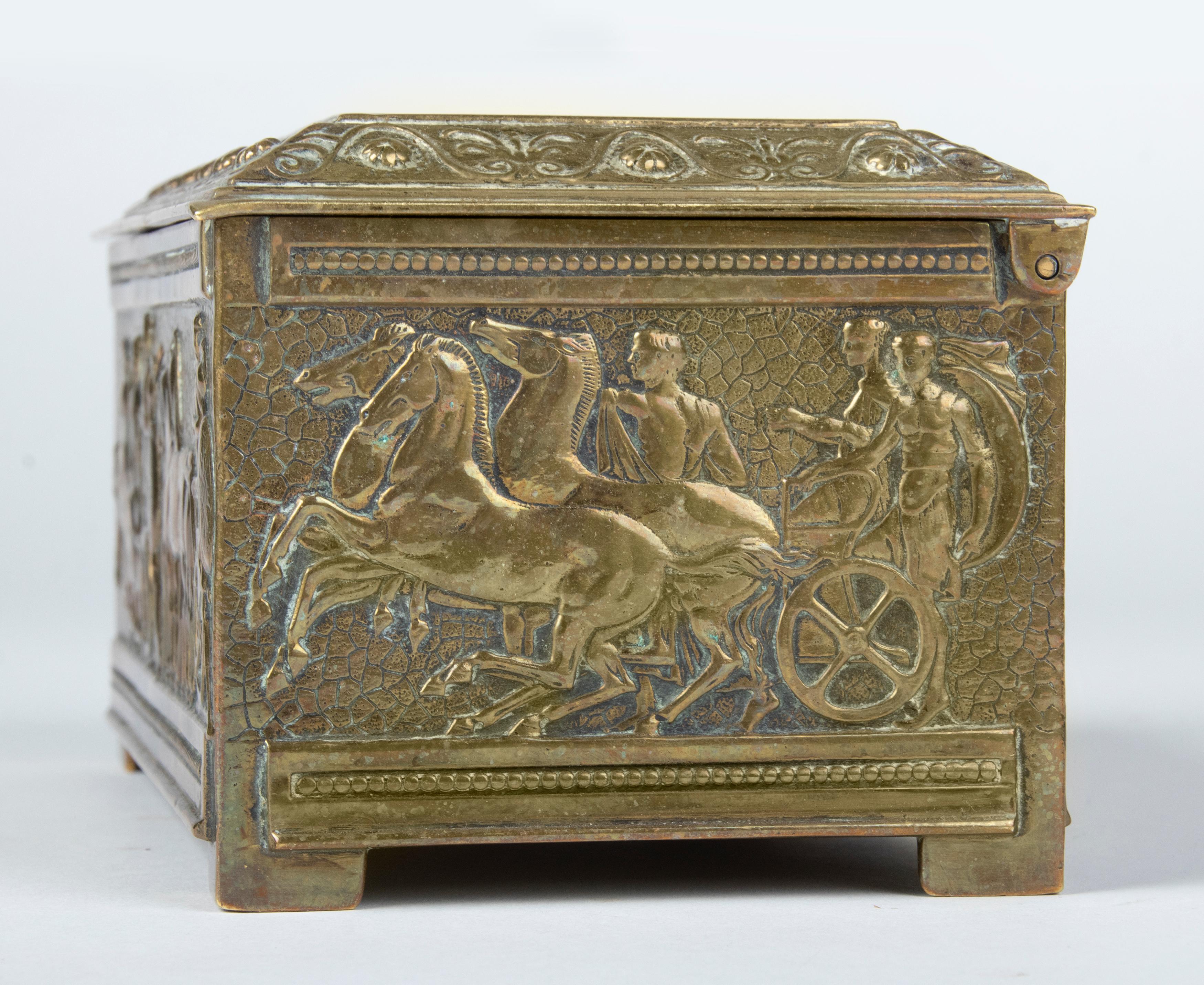 Early 20th Century Brass Jewelry Box with Roman Empire Scenes 10