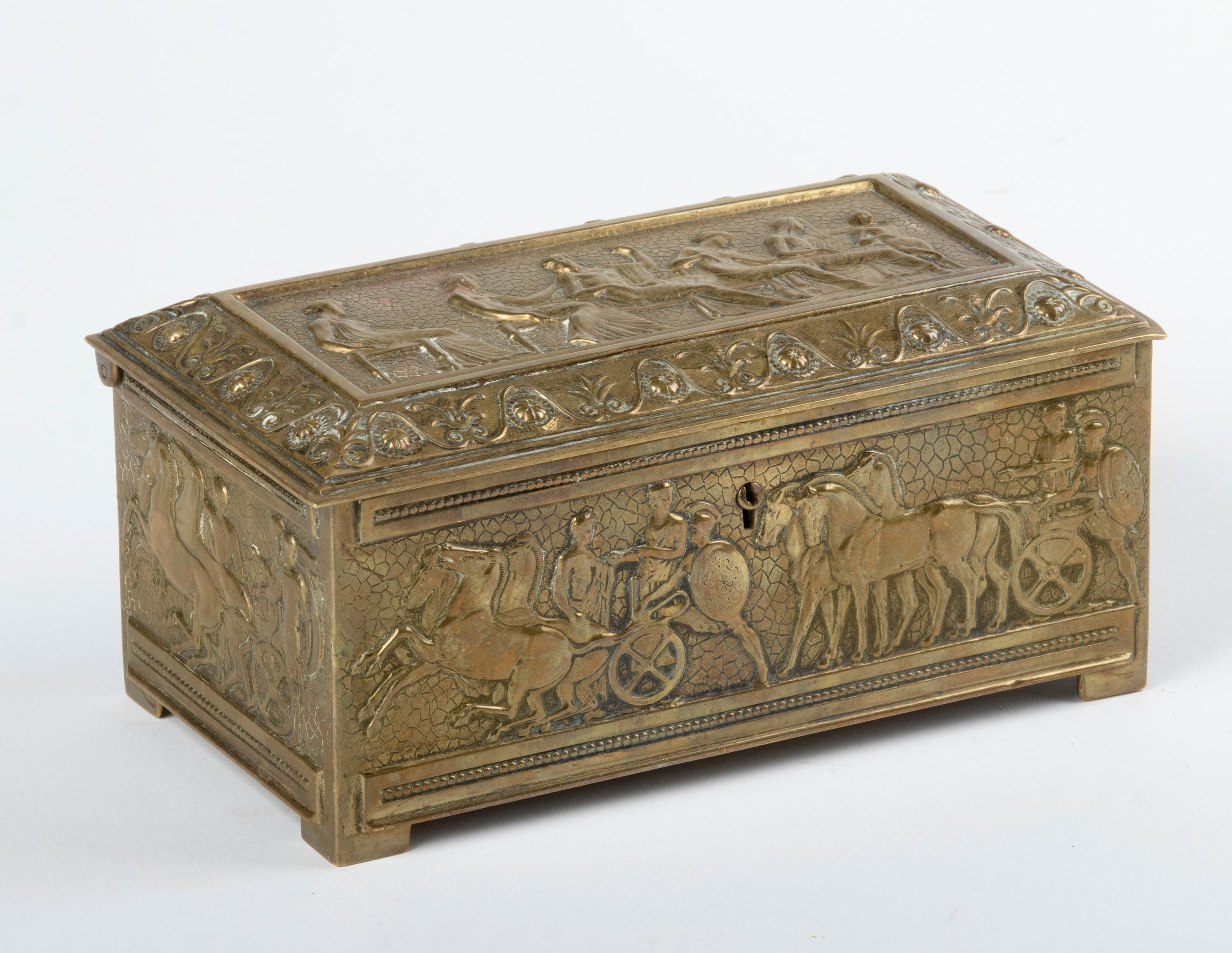 Classical Roman Early 20th Century Brass Jewelry Box with Roman Empire Scenes