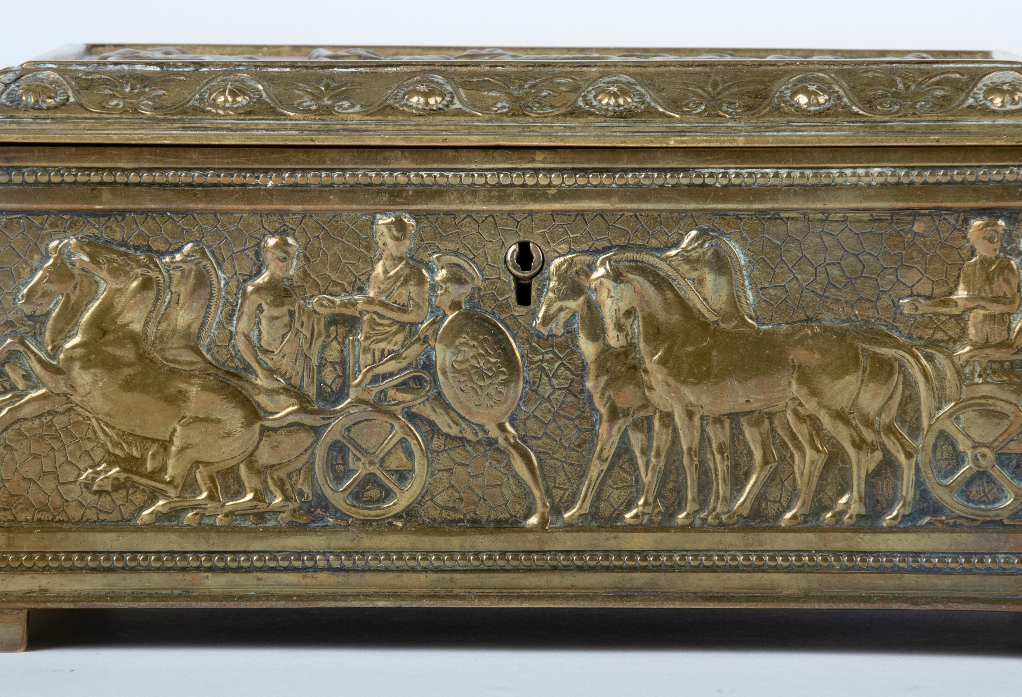 French Early 20th Century Brass Jewelry Box with Roman Empire Scenes