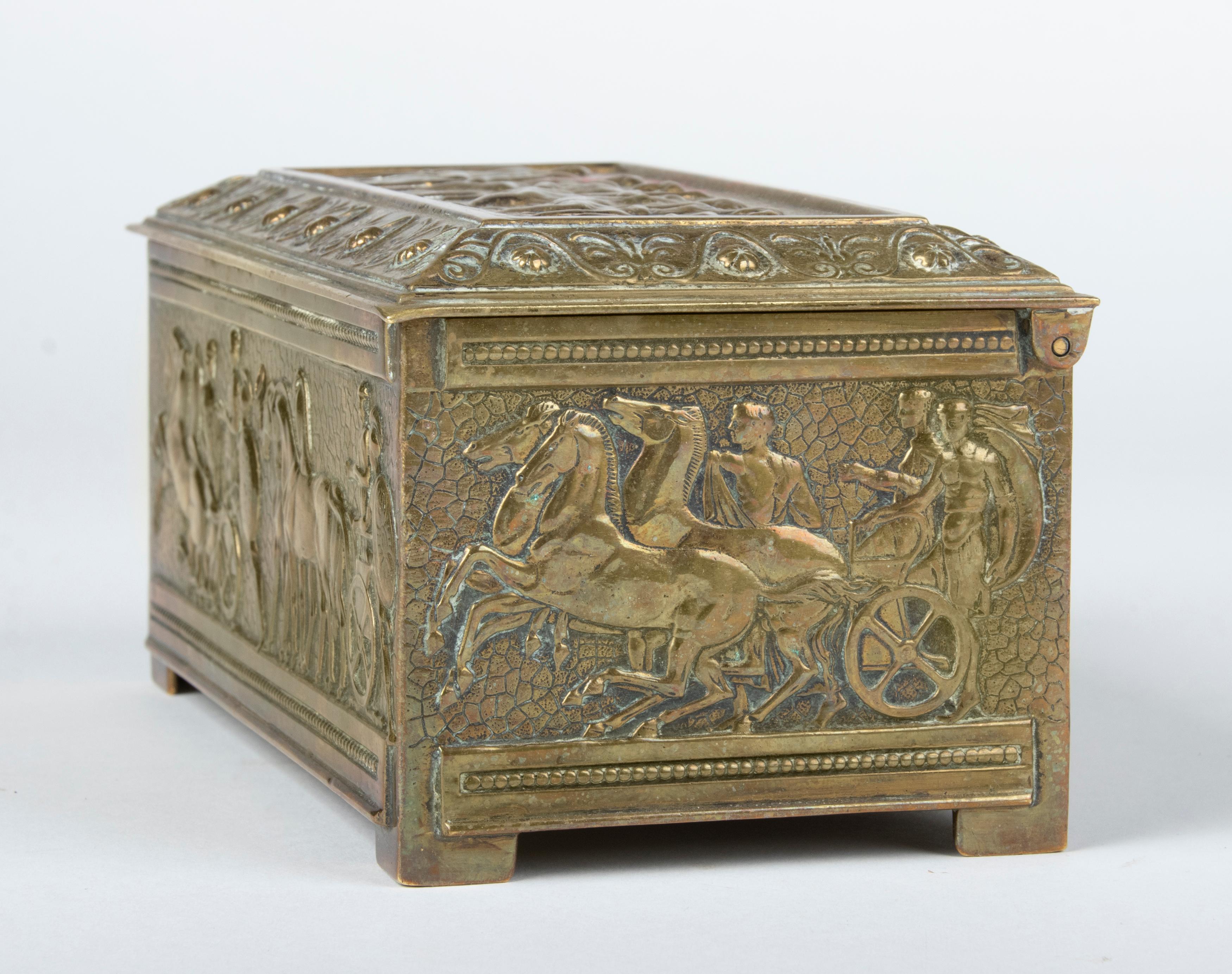 Cast Early 20th Century Brass Jewelry Box with Roman Empire Scenes