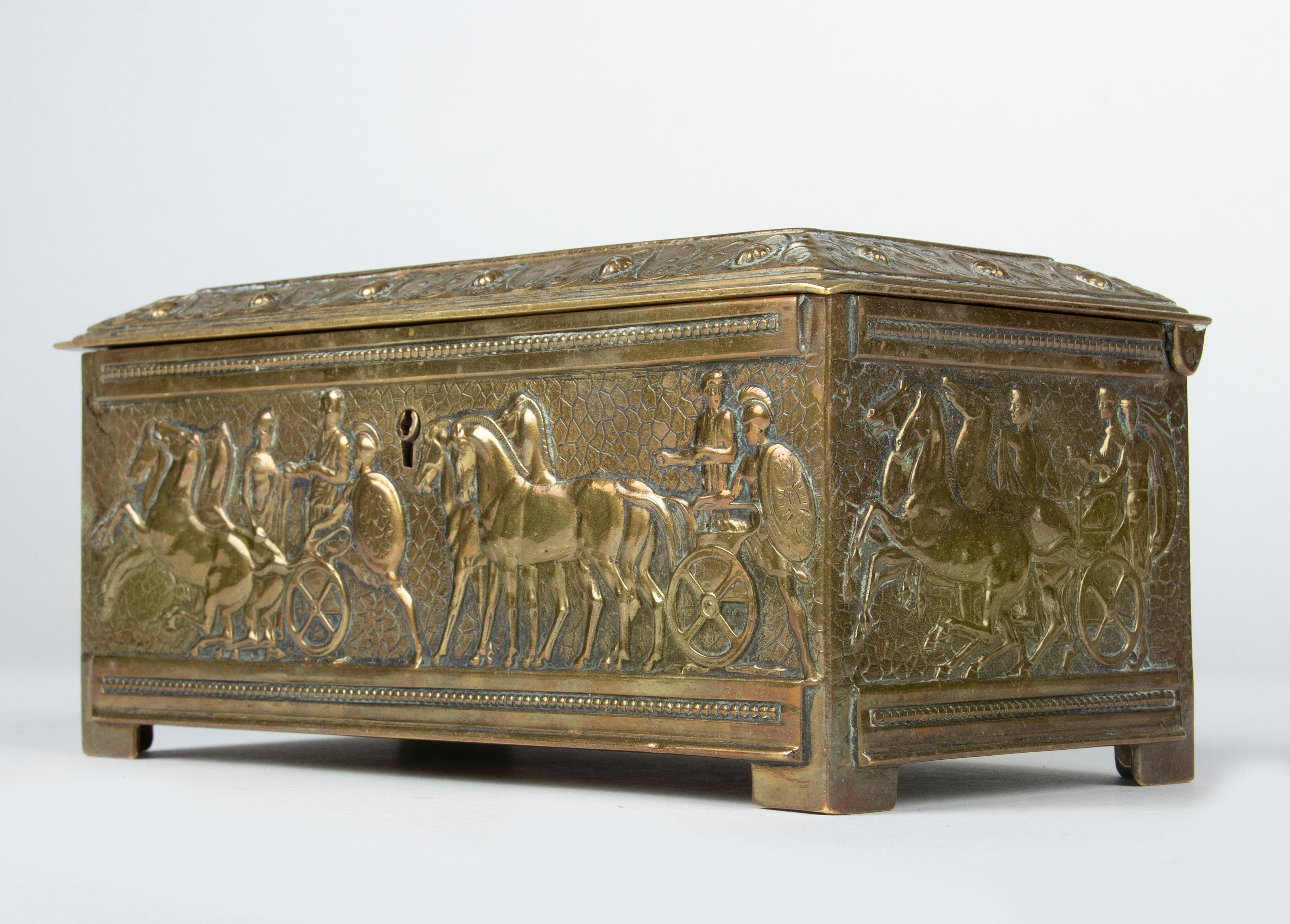Early 20th Century Brass Jewelry Box with Roman Empire Scenes 1