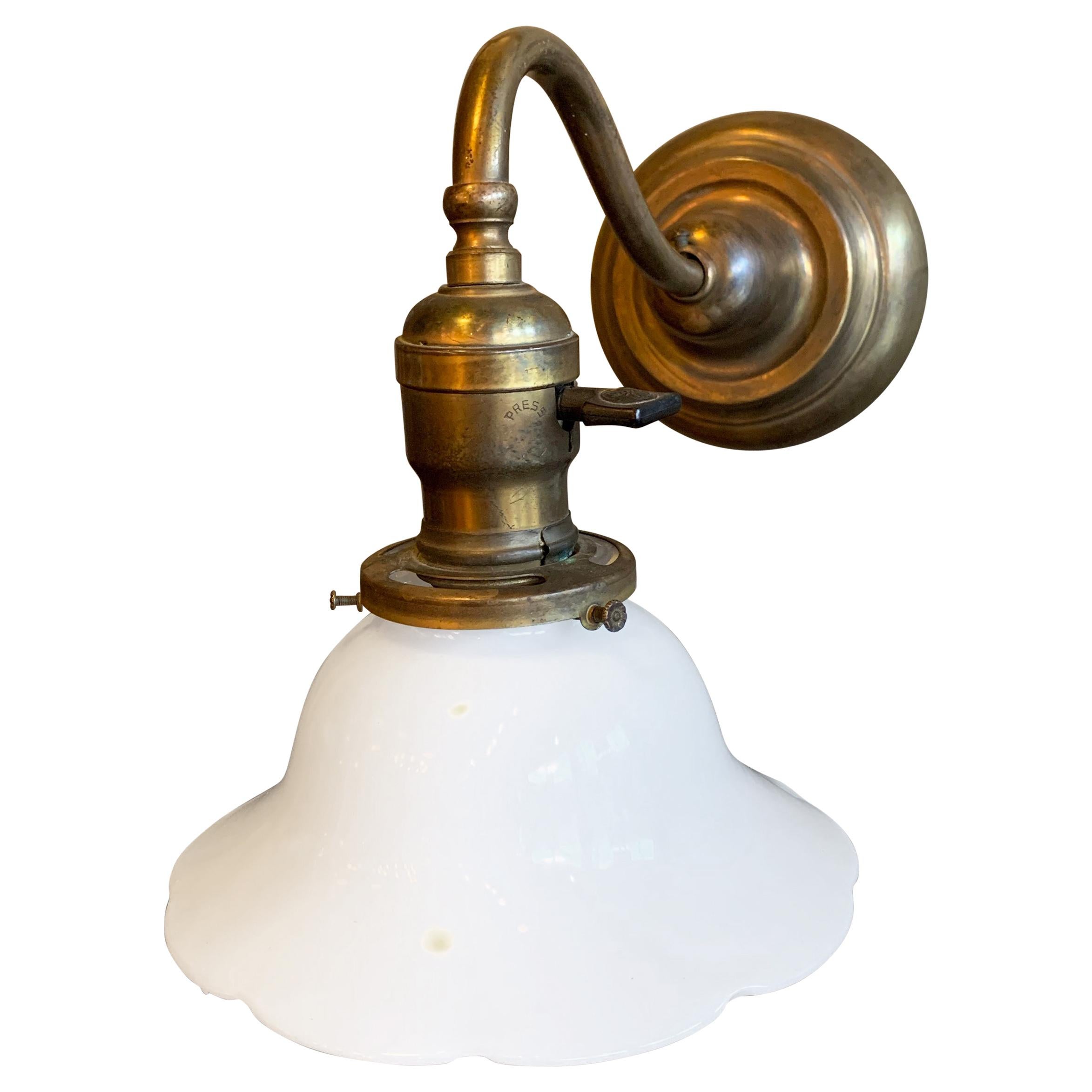 Early 20th Century Brass Milk Glass Wall Sconce Lamp