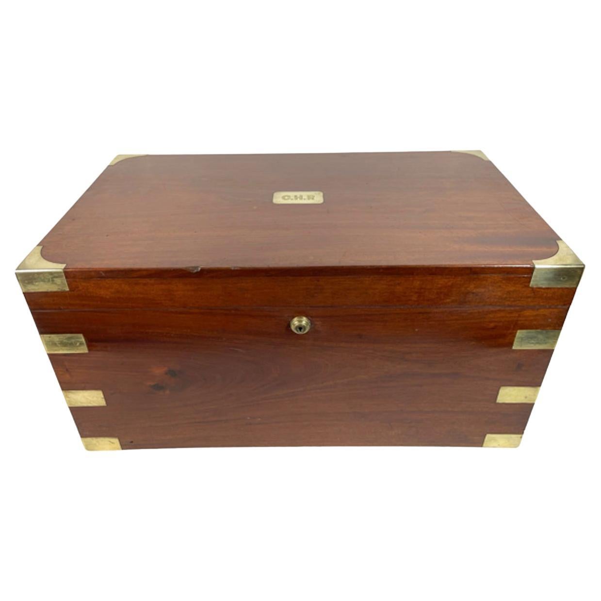 Early 20th Century Brass Mounted Mahogany Benson & Hedges Campaign Style Humidor For Sale