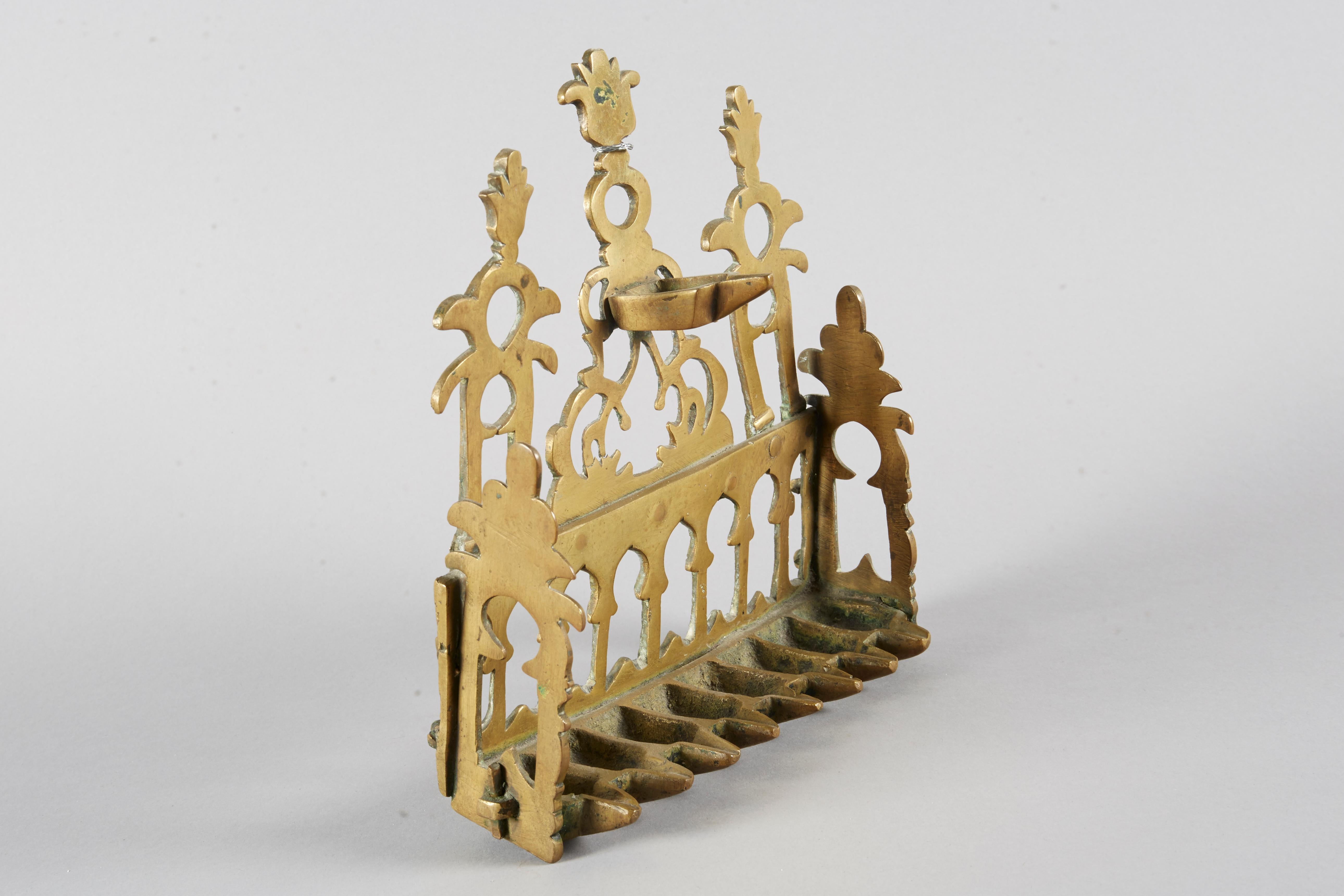 Early 20th Century North African Brass Hanukkah Lamp Menorah In Good Condition For Sale In New York, NY