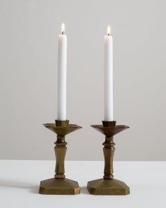Early 20th Century Brass Pair Of Modernist Hammered Brass Candlesticks