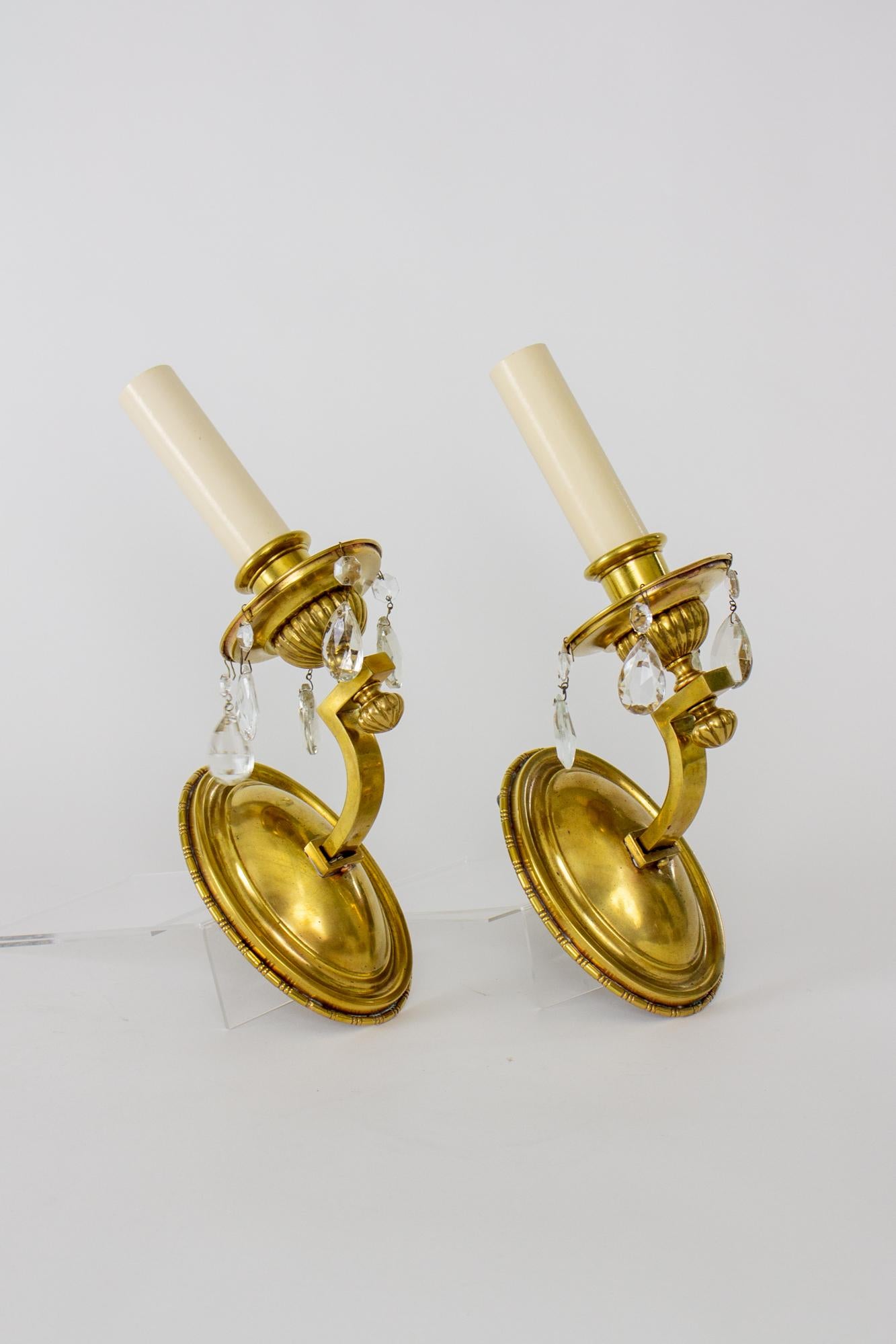 American Empire Early 20th Century Brass Sconces with Crystals - a Pair For Sale