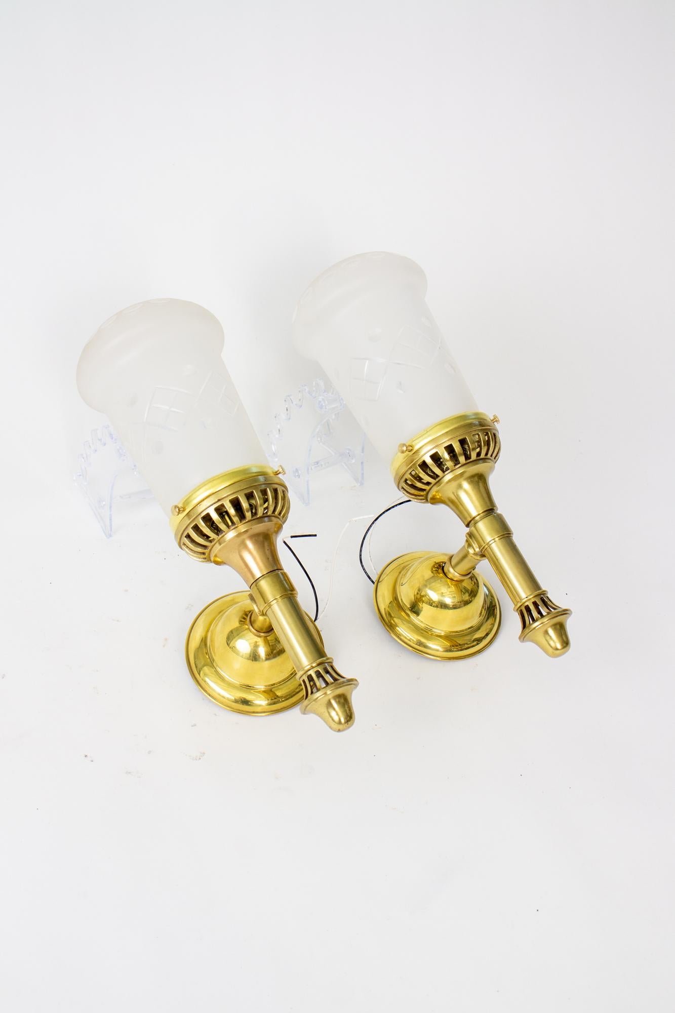 Edwardian Early 20th Century Brass Sconces with Cut Glass Shades For Sale