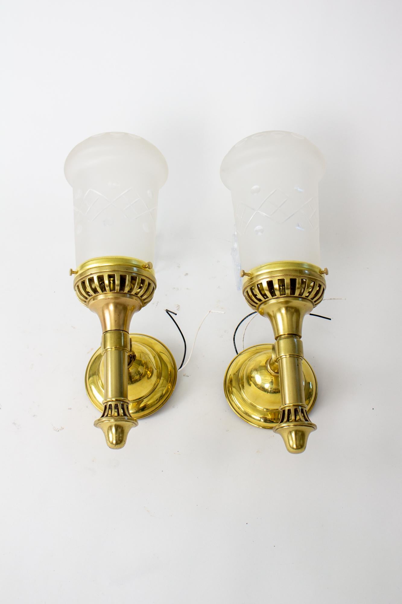 American Early 20th Century Brass Sconces with Cut Glass Shades For Sale