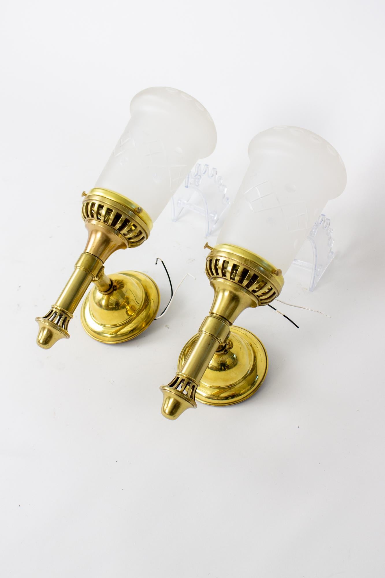 Early 20th Century Brass Sconces with Cut Glass Shades In Good Condition For Sale In Canton, MA