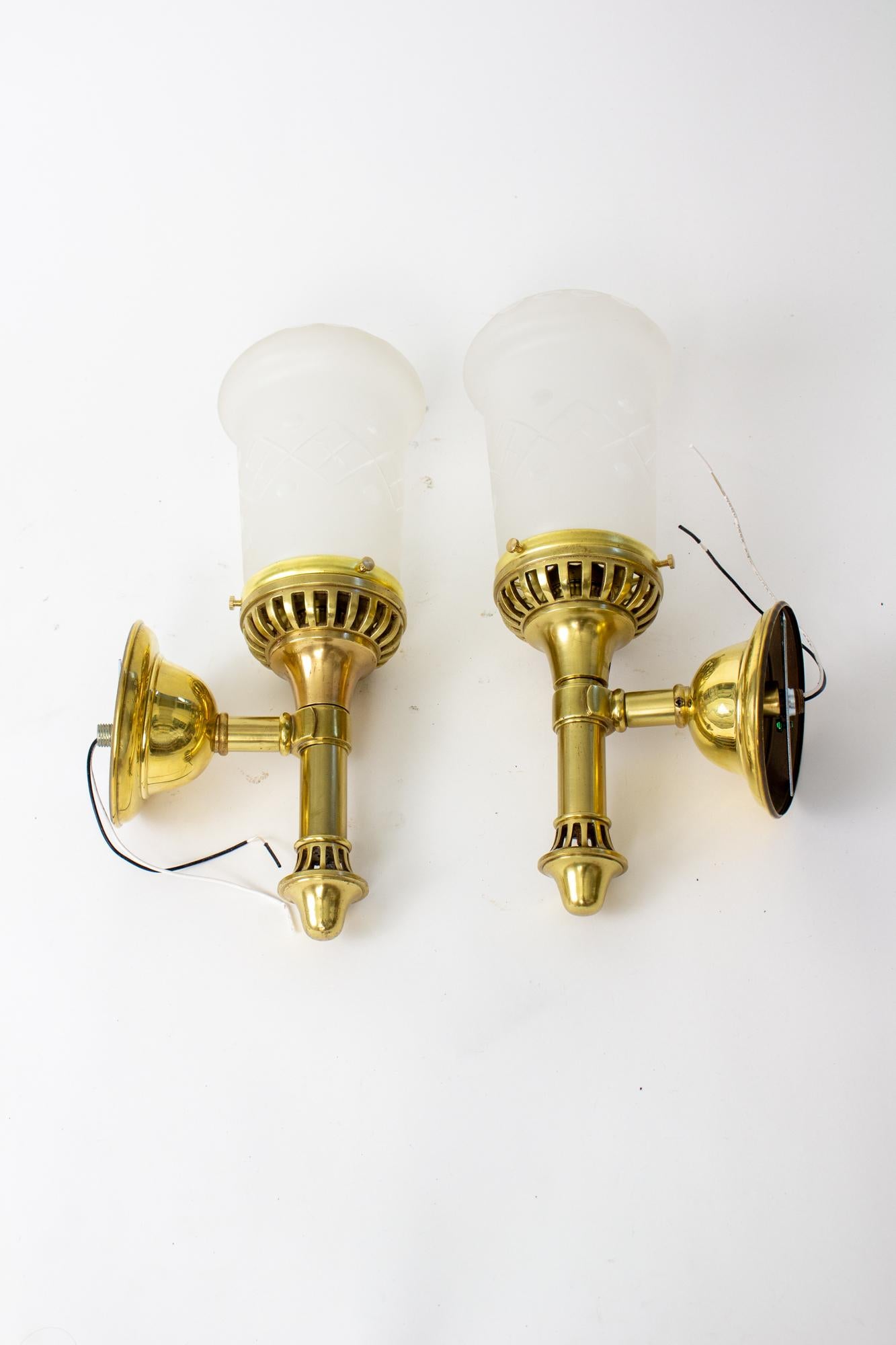 Early 20th Century Brass Sconces with Cut Glass Shades For Sale 1