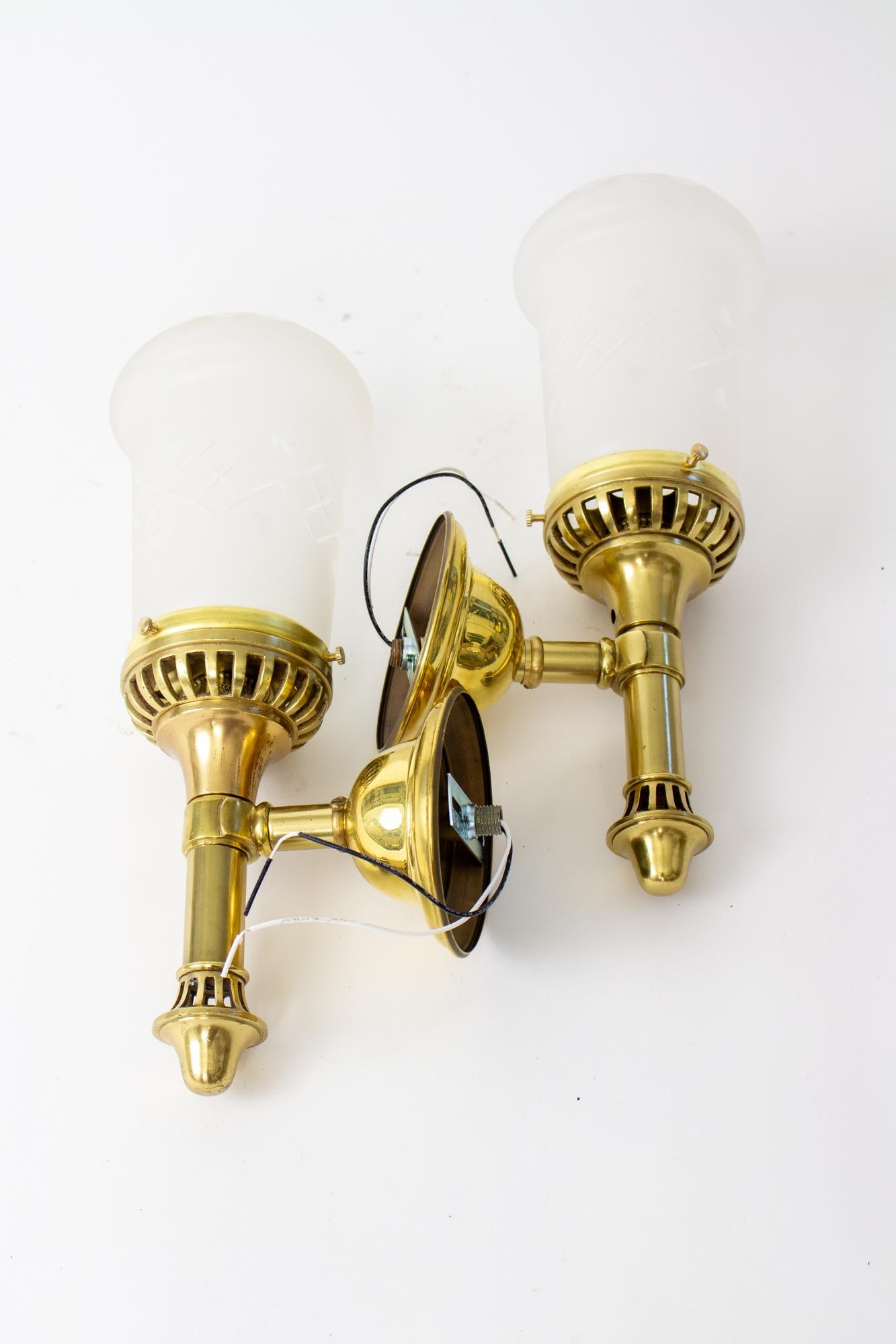 Early 20th Century Brass Sconces with Cut Glass Shades For Sale 2
