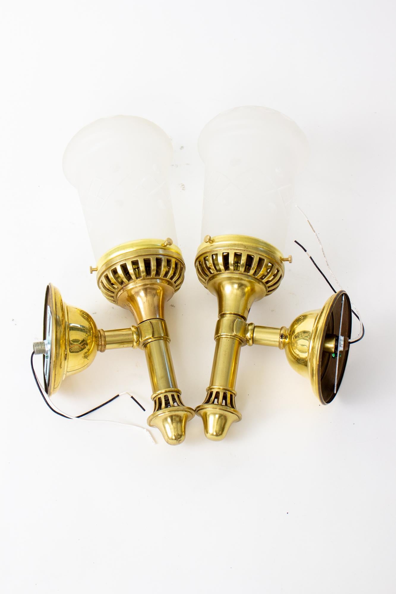 Early 20th Century Brass Sconces with Cut Glass Shades For Sale 3