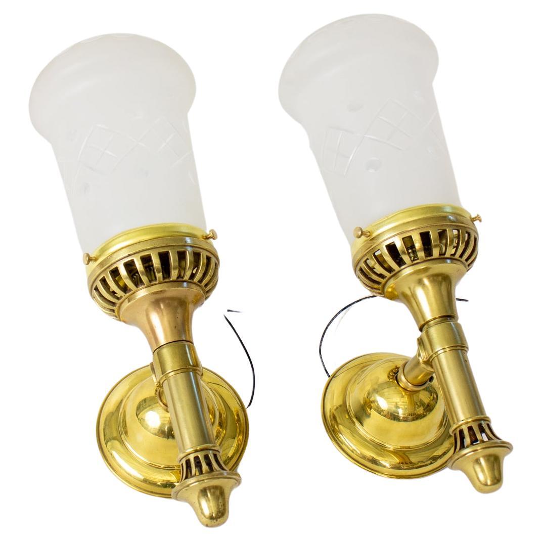 Early 20th Century Brass Sconces with Cut Glass Shades For Sale