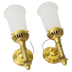 Early 20th Century Brass Sconces with Cut Glass Shades