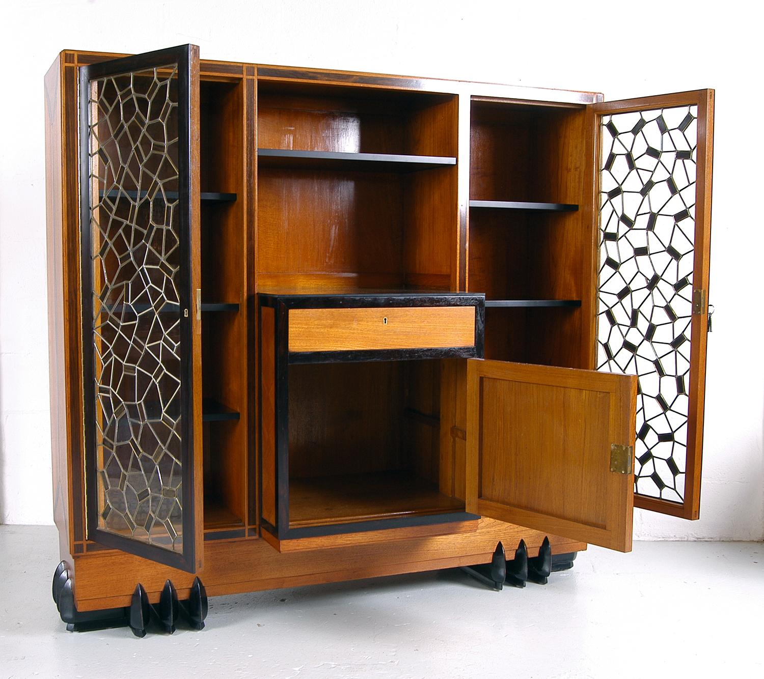 Inlay Early 20th Century Breakfront Buffet Cabinet Cupboard Teak Ebony Glass Mosaic