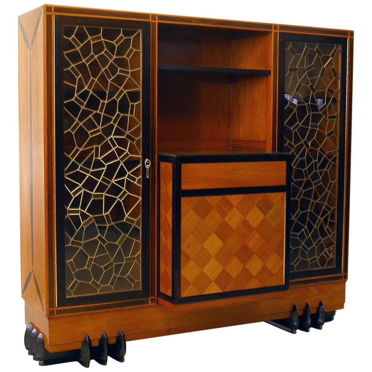 Early 20th Century Breakfront Buffet Cabinet Cupboard Teak Ebony Glass Mosaic
