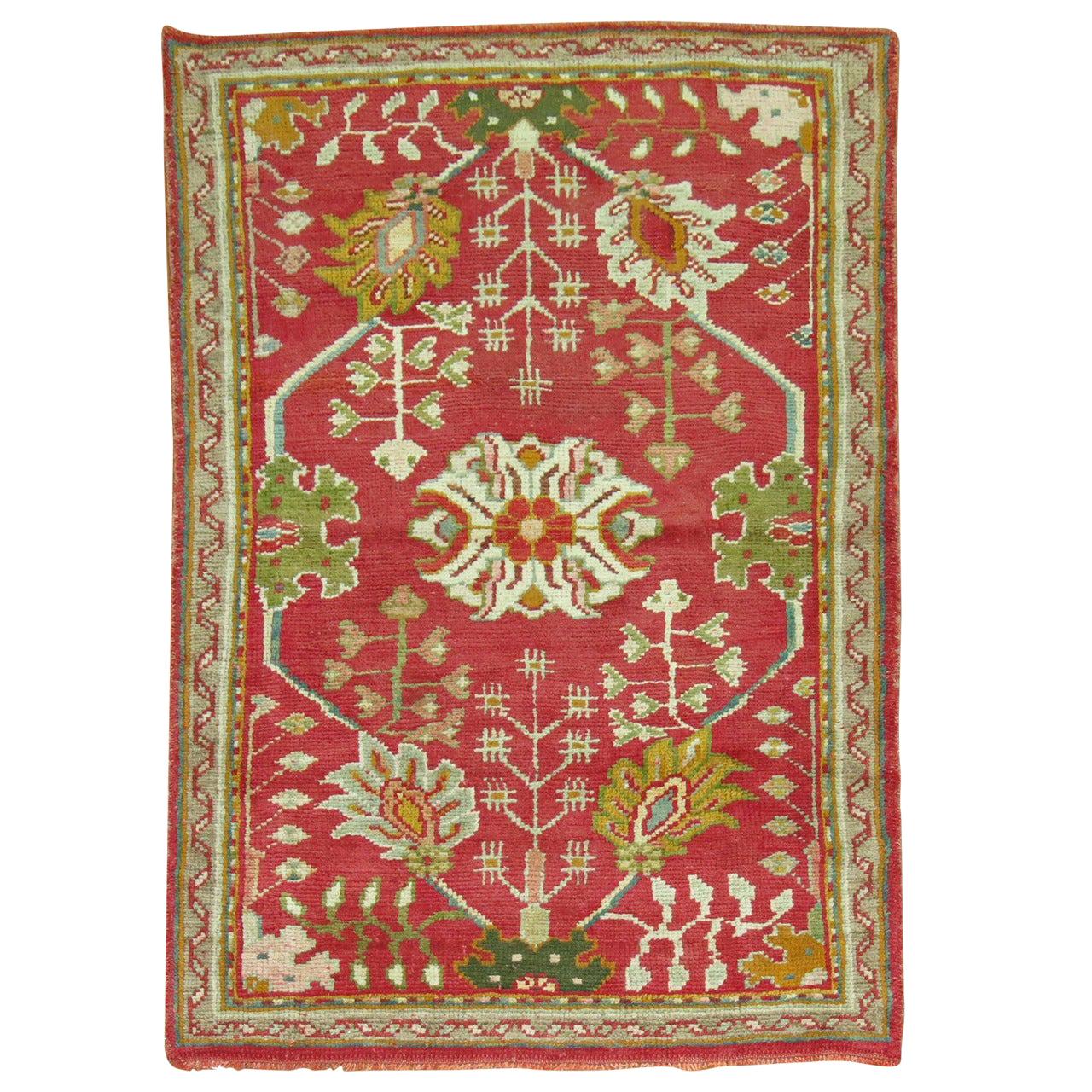 Early 20th Century Bright Red Green Antique Turkish Oushak Carpet