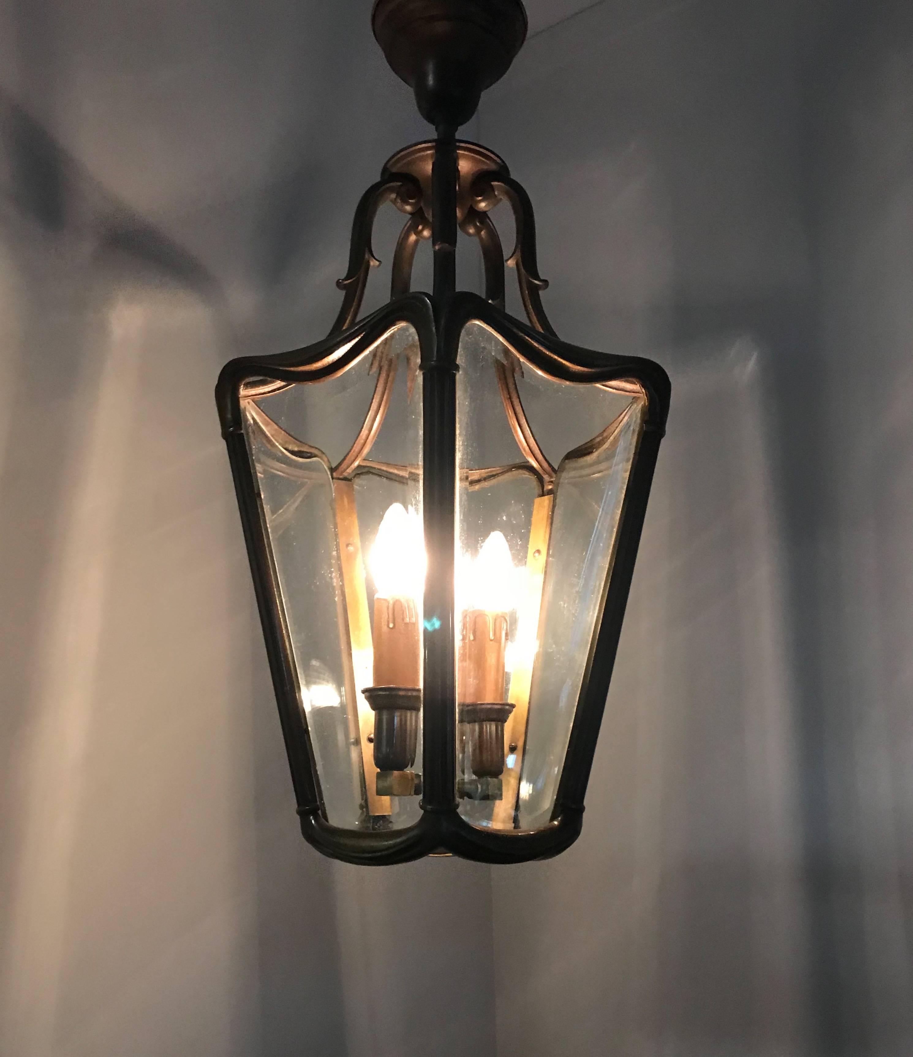 Early 20th Century Bronze & Beveled Glass Stylish Design Lantern Pendant Light For Sale 5