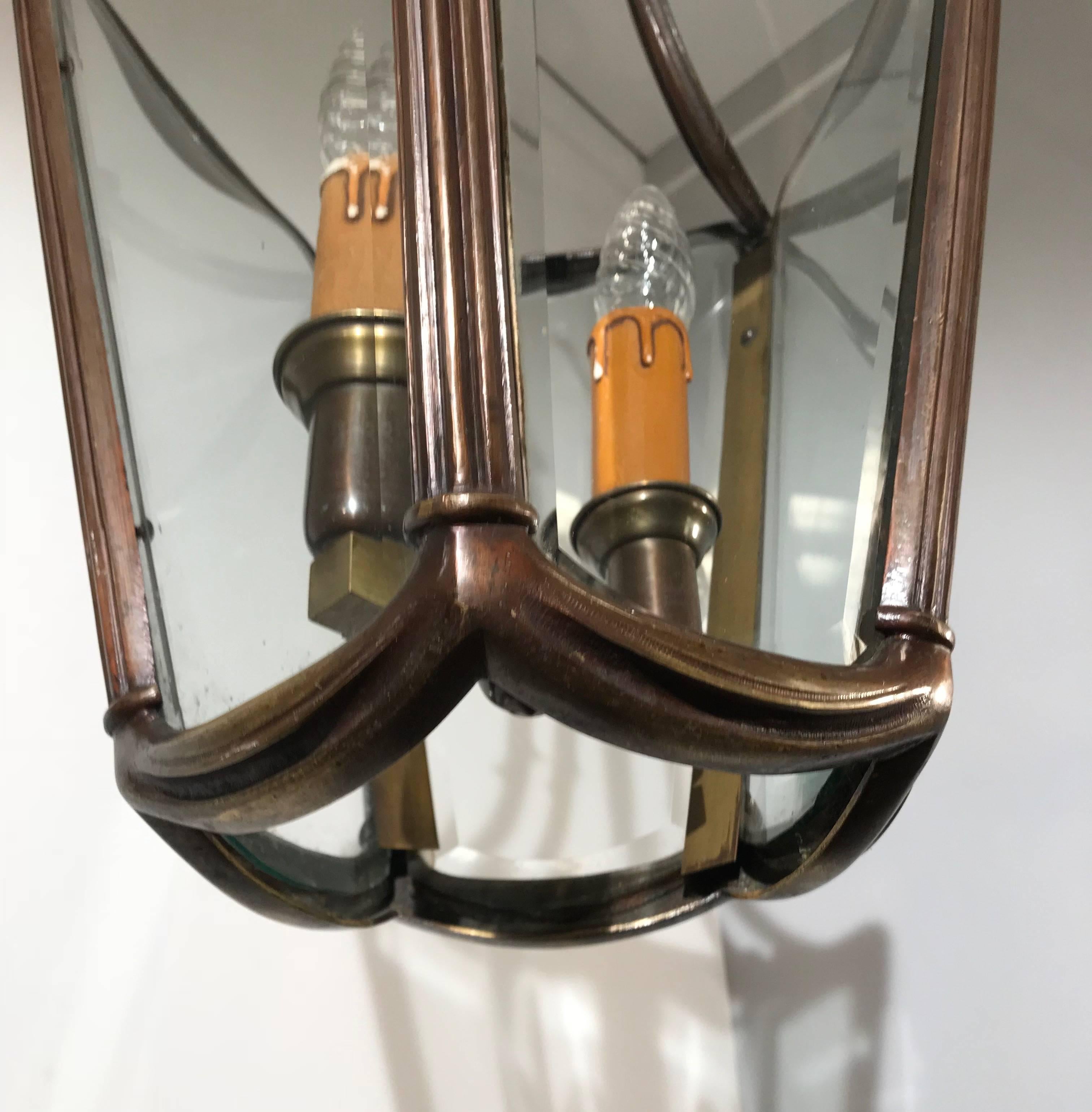 European Early 20th Century Bronze & Beveled Glass Stylish Design Lantern Pendant Light For Sale