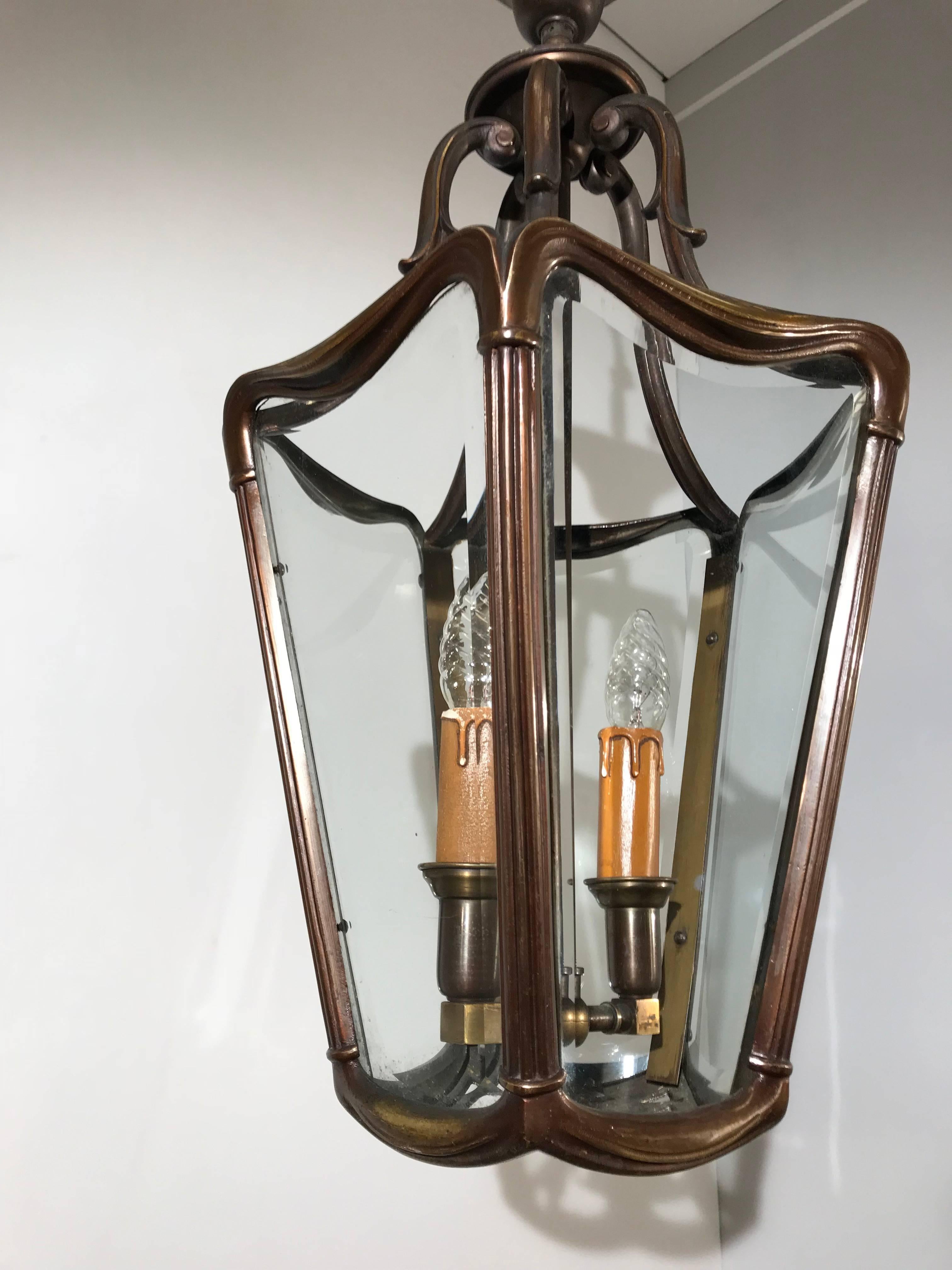 Early 20th Century Bronze & Beveled Glass Stylish Design Lantern Pendant Light For Sale 1