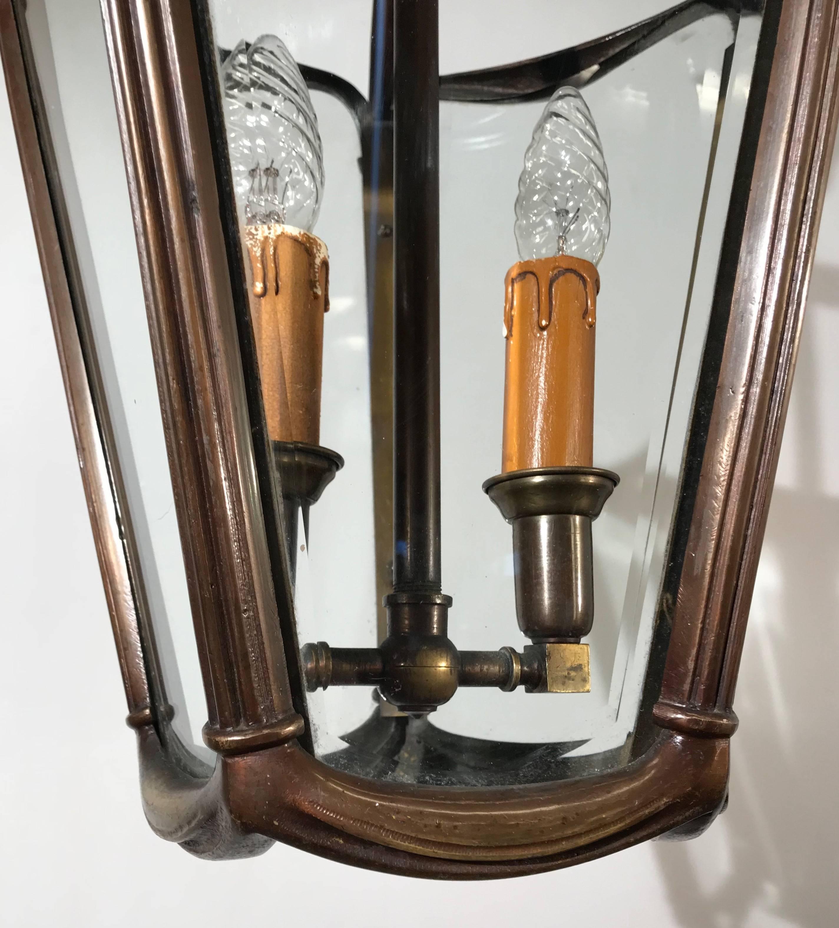 Early 20th Century Bronze & Beveled Glass Stylish Design Lantern Pendant Light For Sale 2