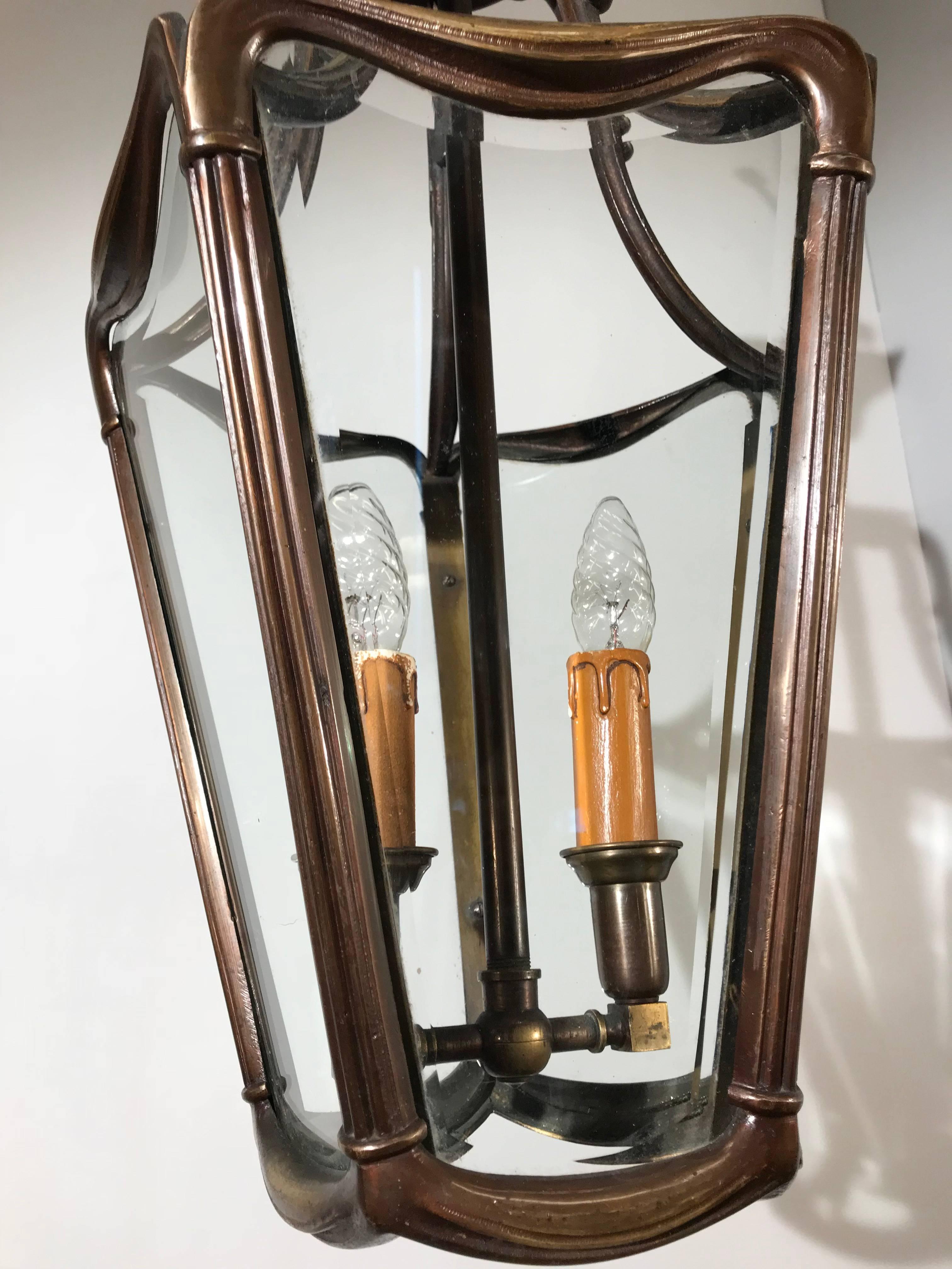 Early 20th Century Bronze & Beveled Glass Stylish Design Lantern Pendant Light For Sale 3