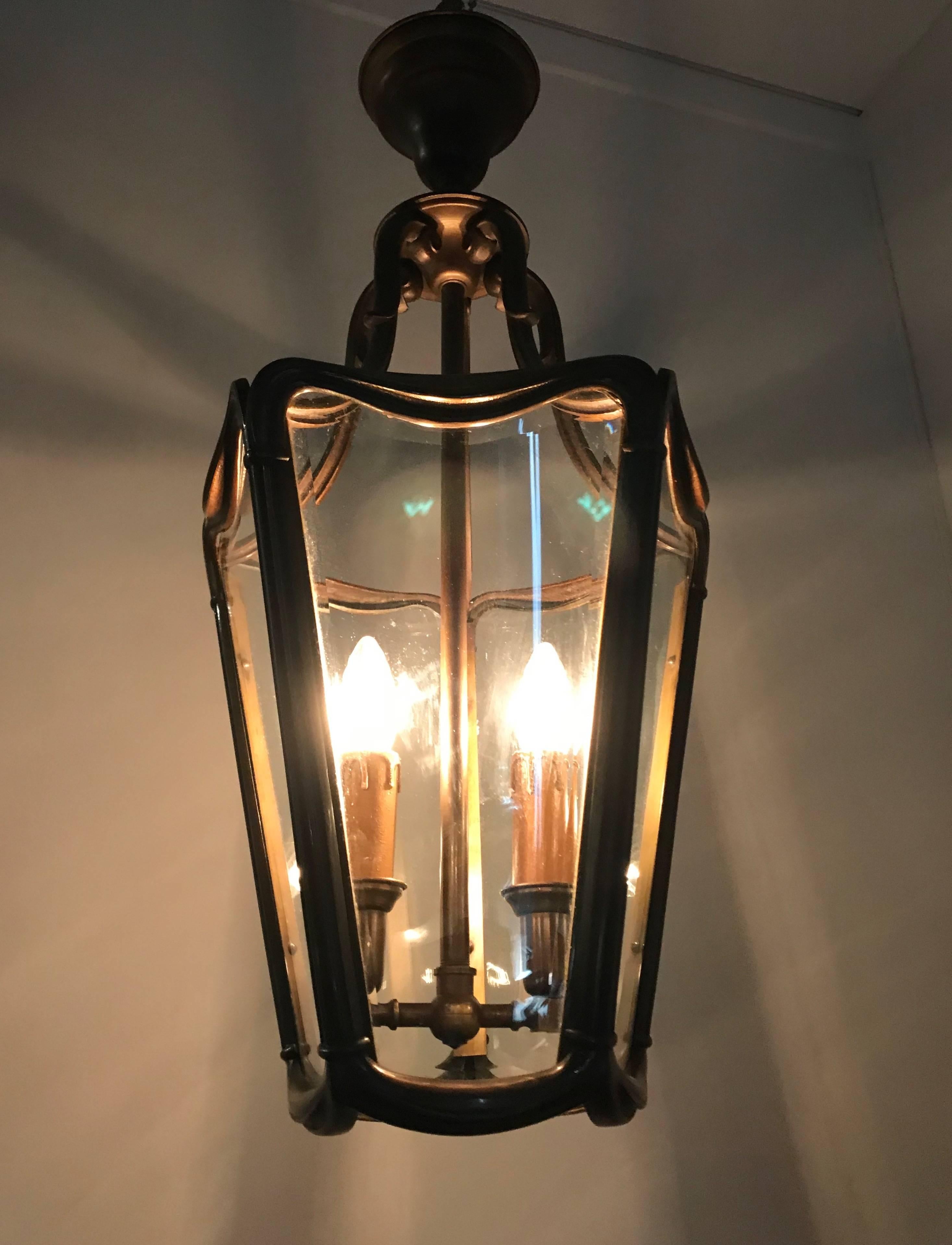 Early 20th Century Bronze & Beveled Glass Stylish Design Lantern Pendant Light For Sale 4