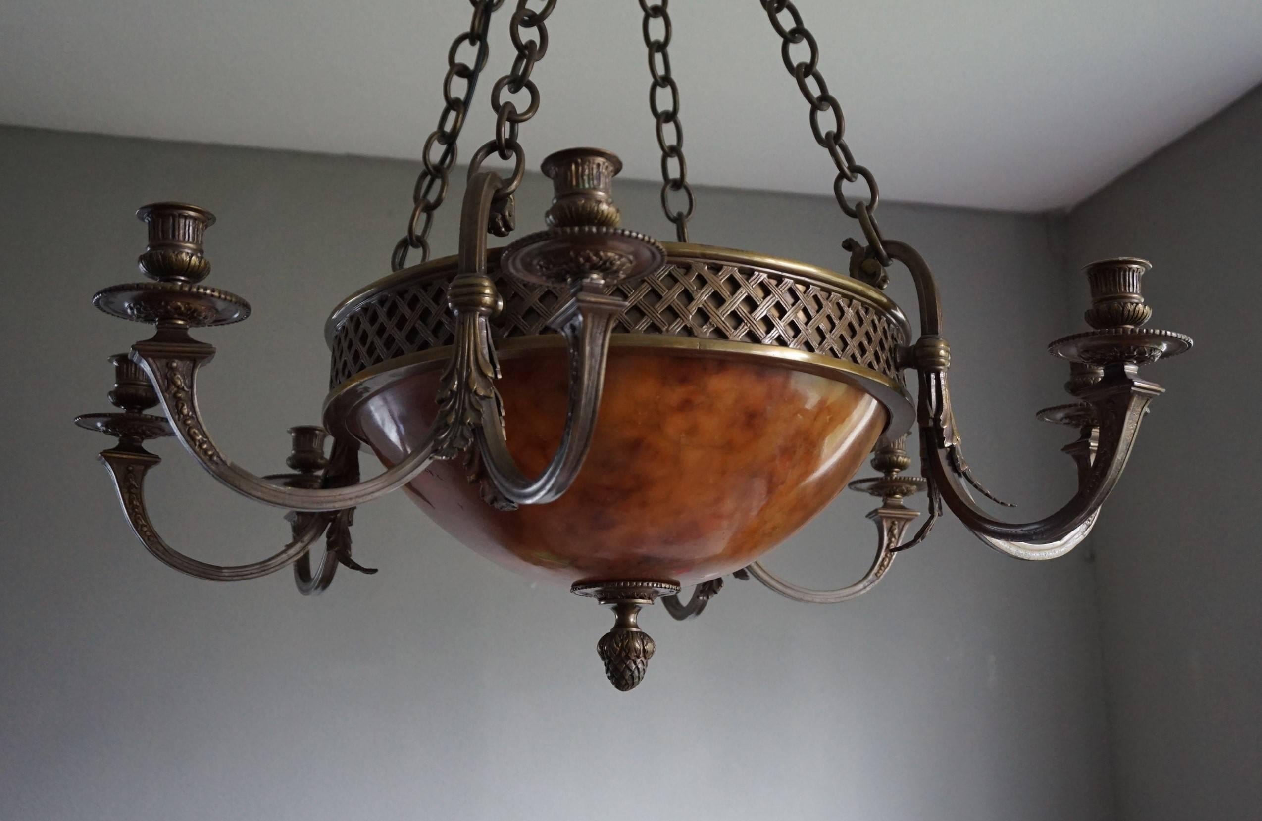 Bronzed Stunning Early 1900s Bronze and Alabaster Four-Light Chandelier with Candelabras For Sale