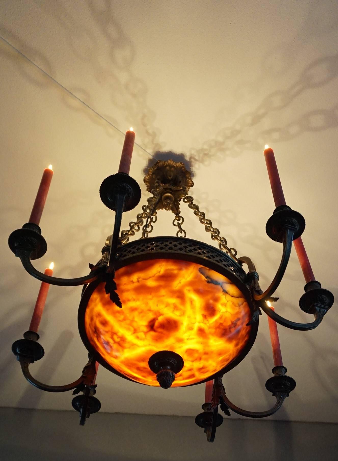 Stunning Early 1900s Bronze and Alabaster Four-Light Chandelier with Candelabras For Sale 1