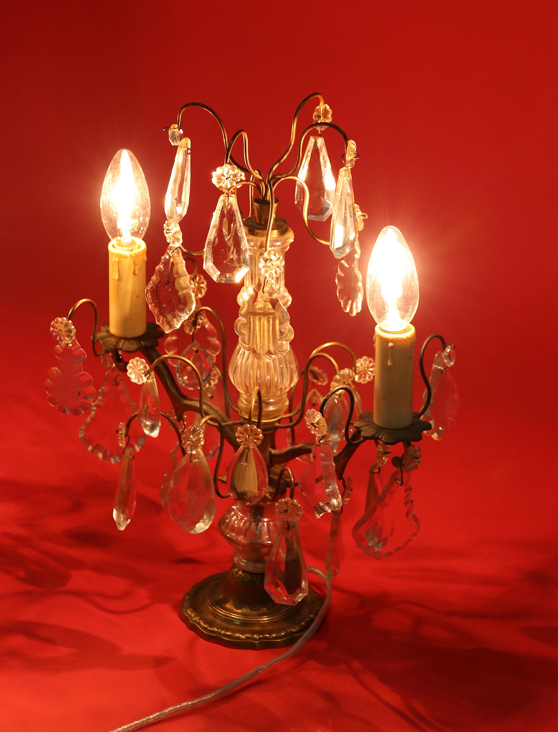 French Early 20th Century Bronze and Crystal Girandoles Table Lamps