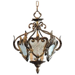 Antique Early 20th Century Bronze and Molded Glass Thee-Light Lantern
