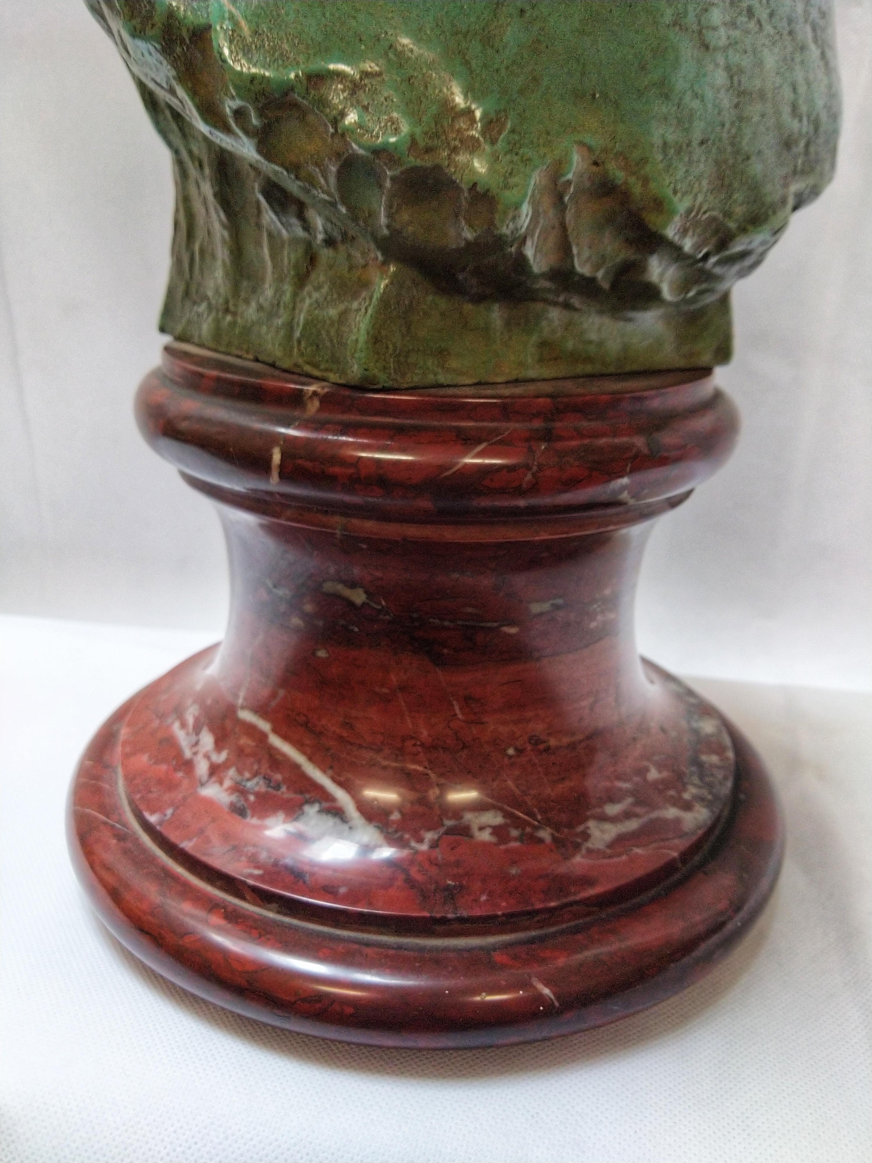 French Early 20th Century Bronze and Rosso San Marco Marble Large Augustus Bust  For Sale