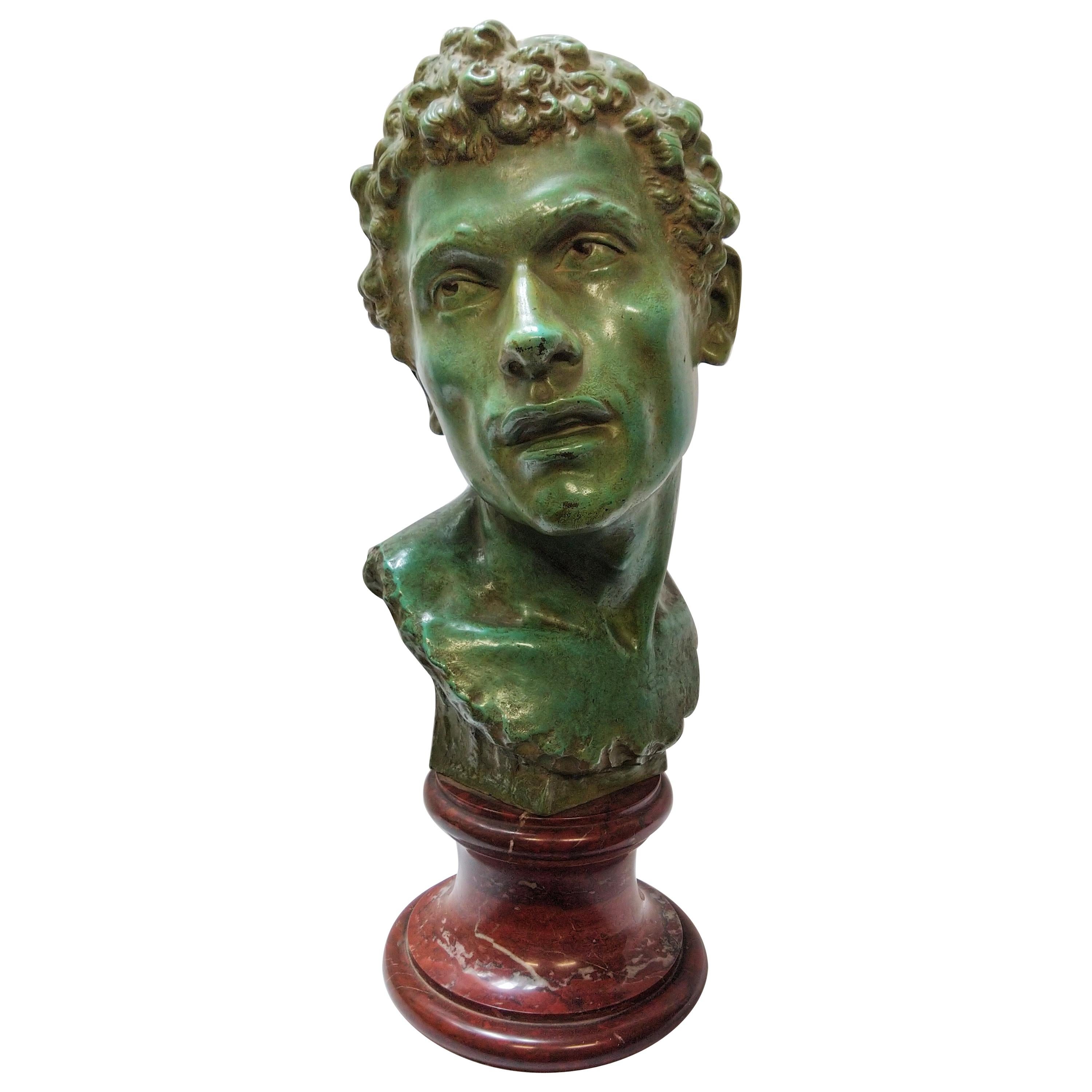 Early 20th Century Bronze and Rosso San Marco Marble Large Augustus Bust  For Sale