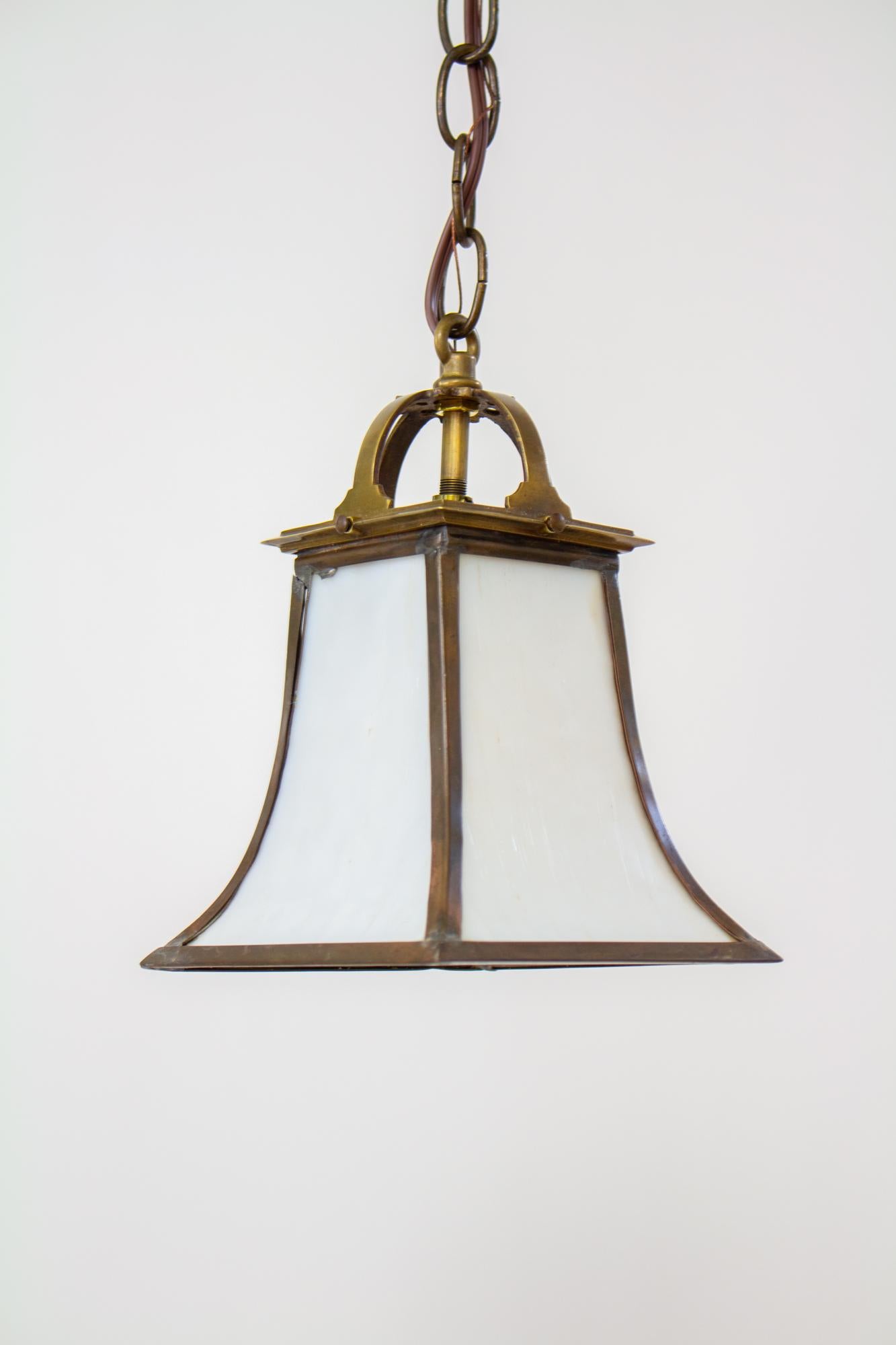 American Early 20th Century Bronze and White Slag Glass Pendant For Sale