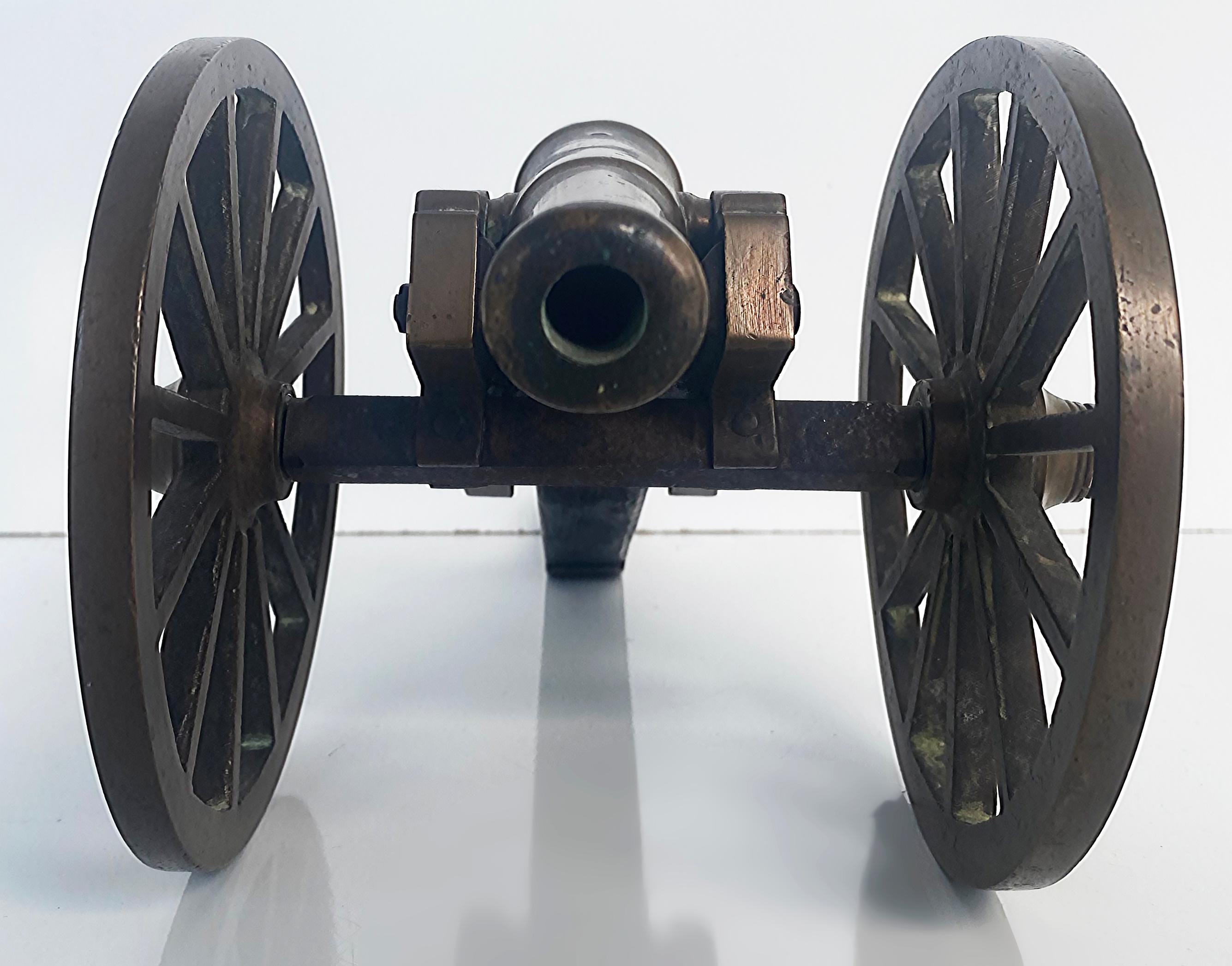 Early 20th Century Bronze and Wood Mounted Cannon Model with Large Wheels For Sale 4