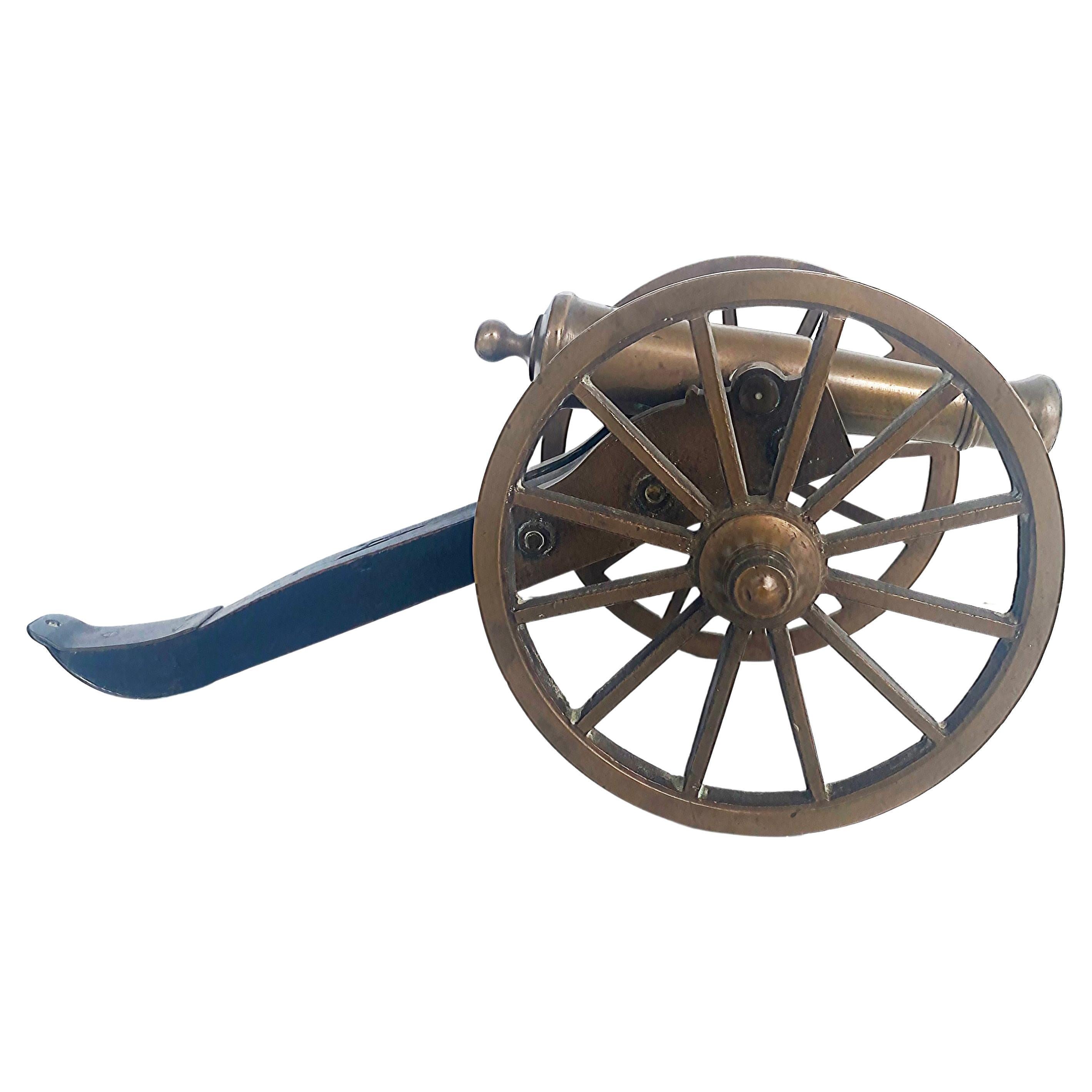 Early 20th Century Bronze and Wood Mounted Cannon Model with Large Wheels For Sale