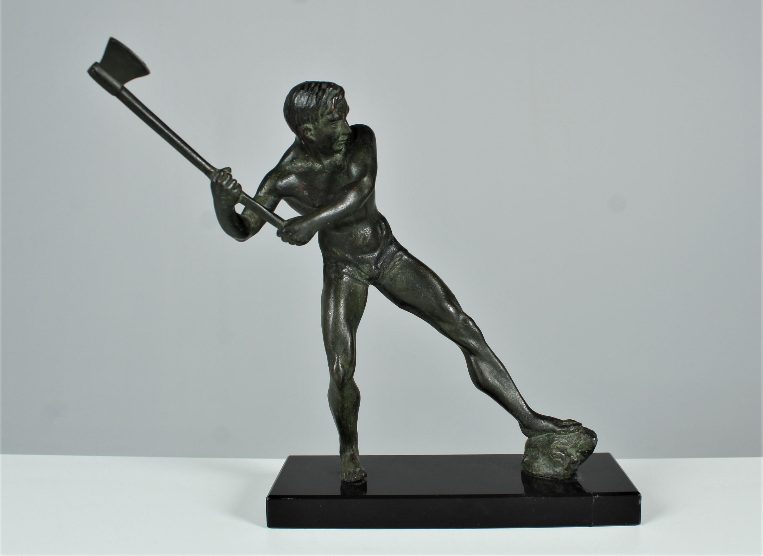 Unknown Early 20th Century Bronze, Antique Bronze Sculpture, Woodsman with Axe, Signed For Sale