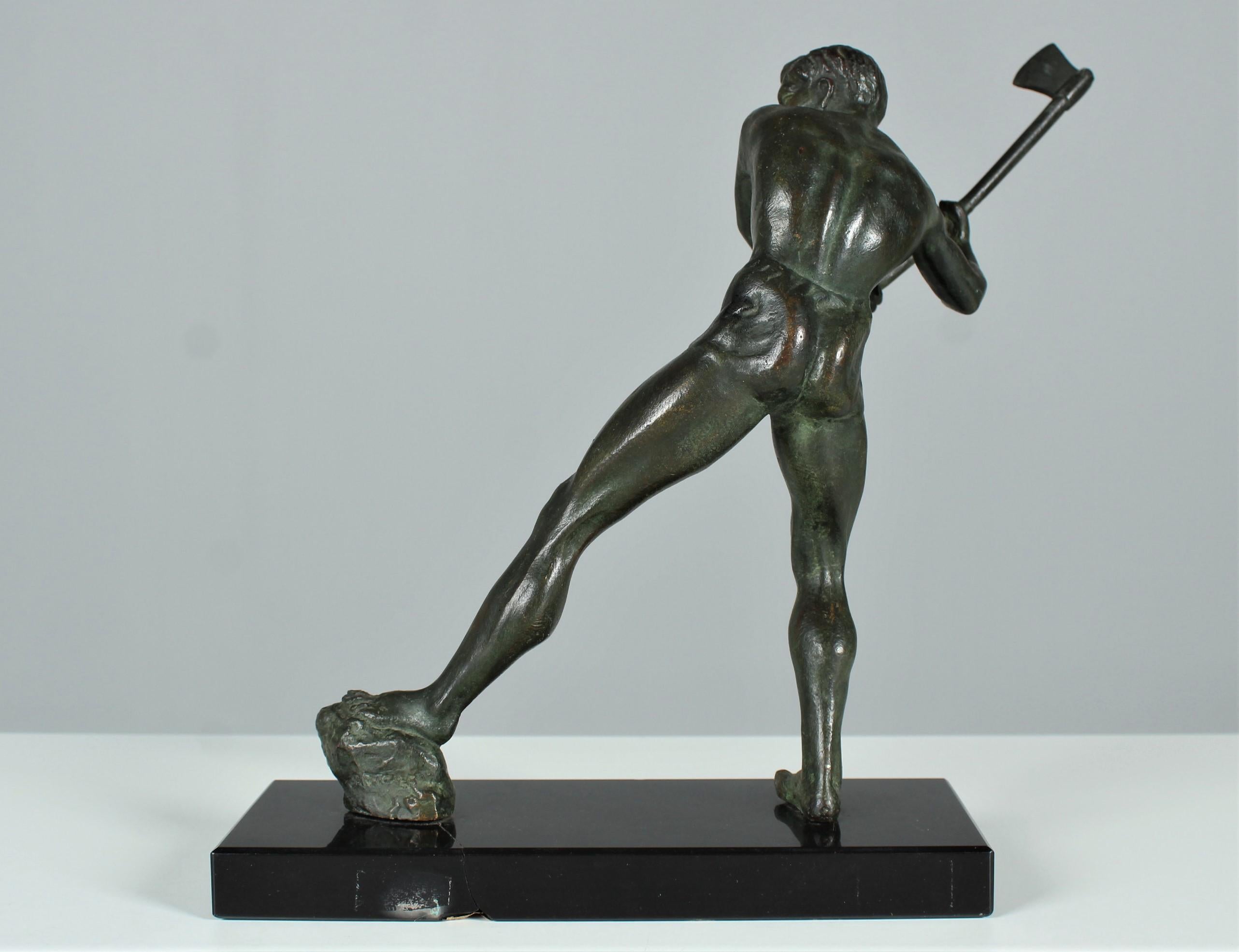 Early 20th Century Bronze, Antique Bronze Sculpture, Woodsman with Axe, Signed In Fair Condition For Sale In Greven, DE