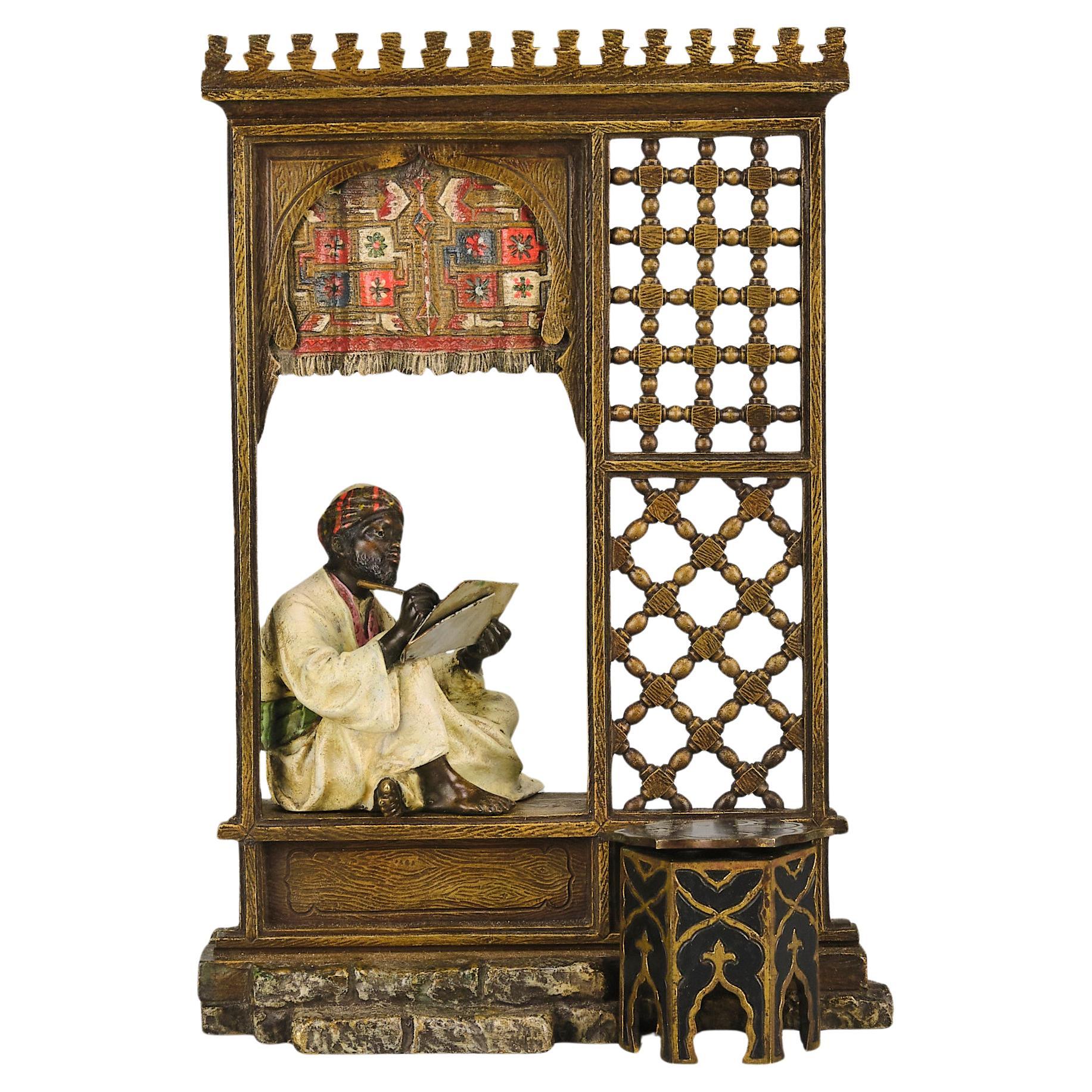 Early 20th Century 'Bronze Arab Man Writing Seated in a Window' by Franz Bergman