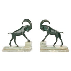 Early 20th Century Bronze Art Deco Bookends with Ibex Rams